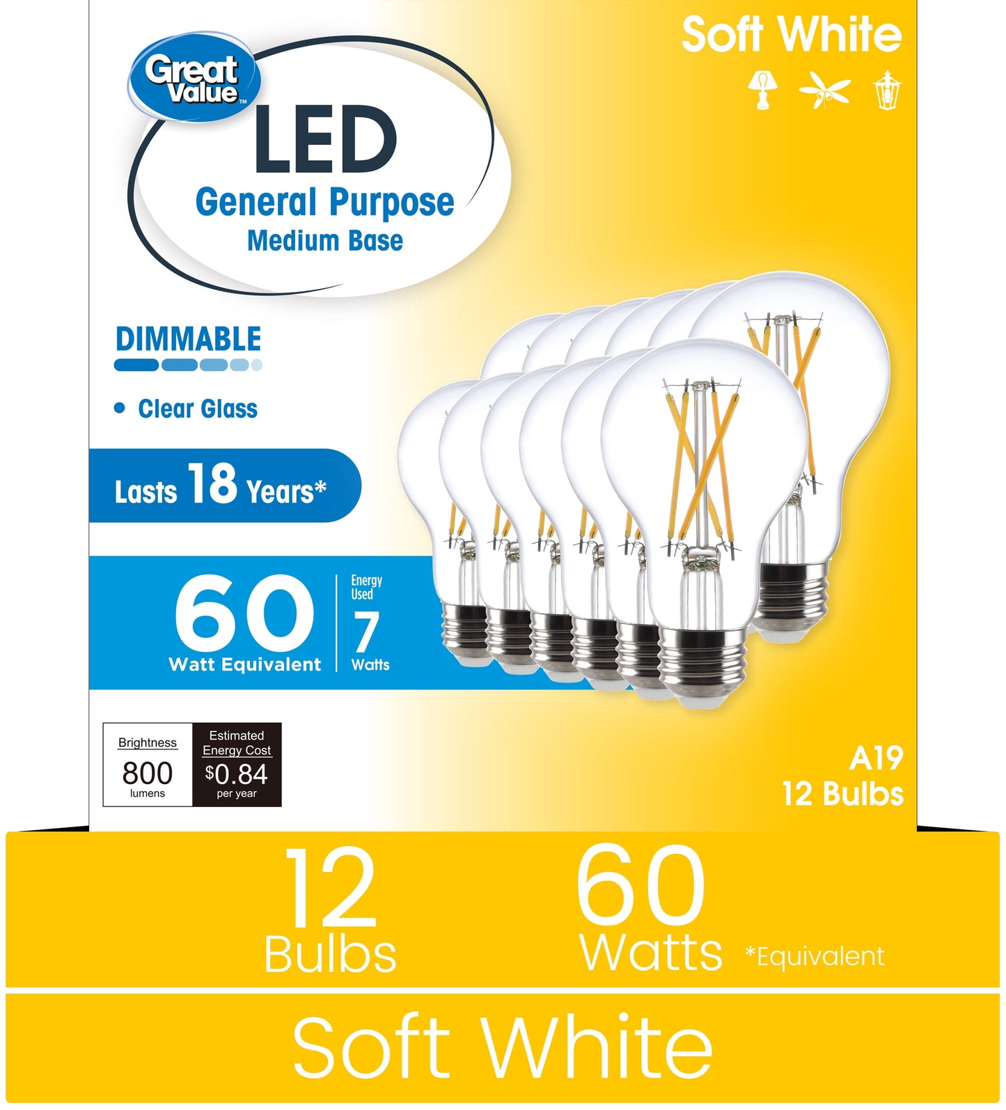 Great Value 18YR A19 LED Light Bulb, 7W (60W Equivalent) Dimmable Soft White E26 Base, 12 Pack