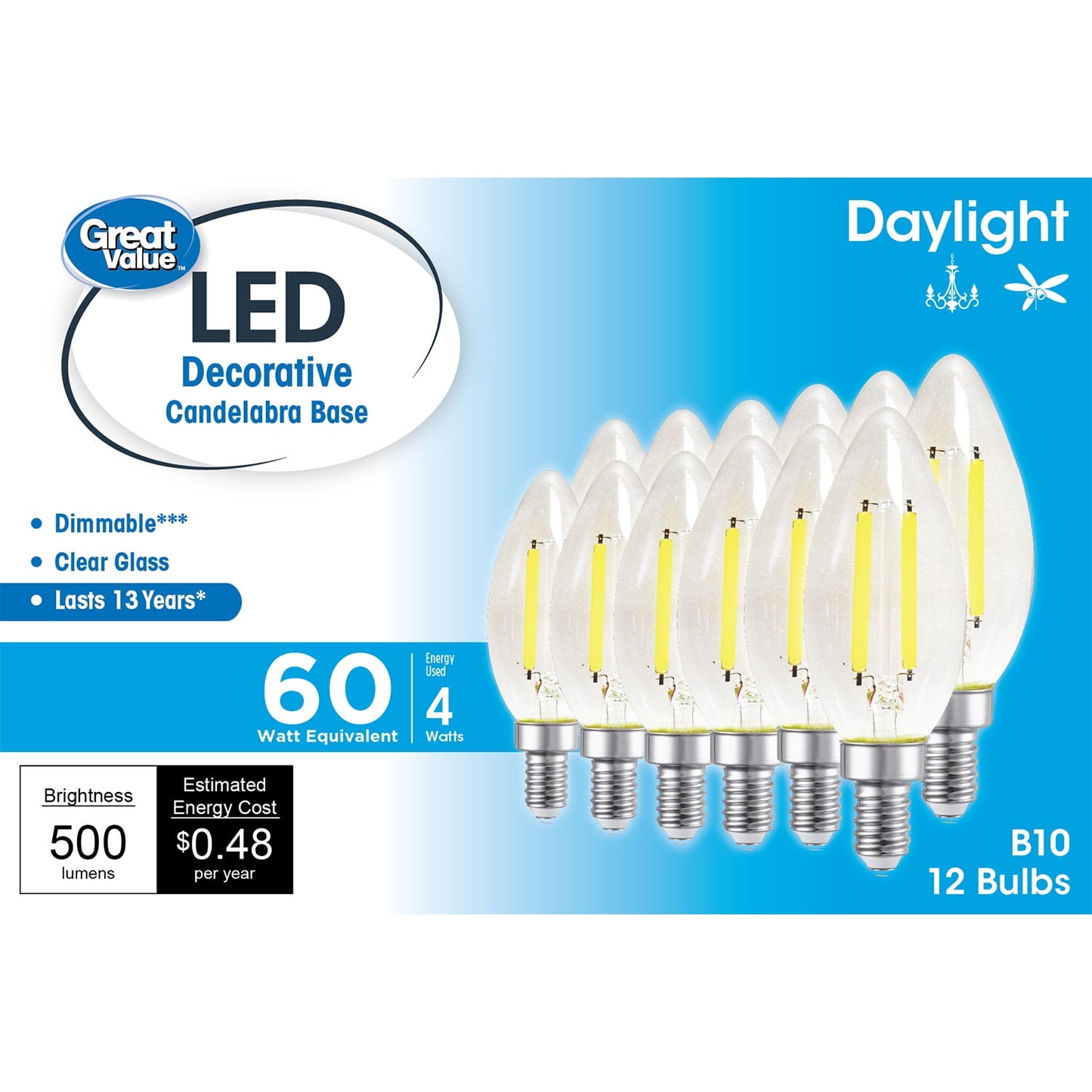 Great Value LED, Lámpara Decorativa B10 de 4W (Equivalente a 60W) con Base Candelabro E12, Regulable, Luz de DÃa, Paquete de 12