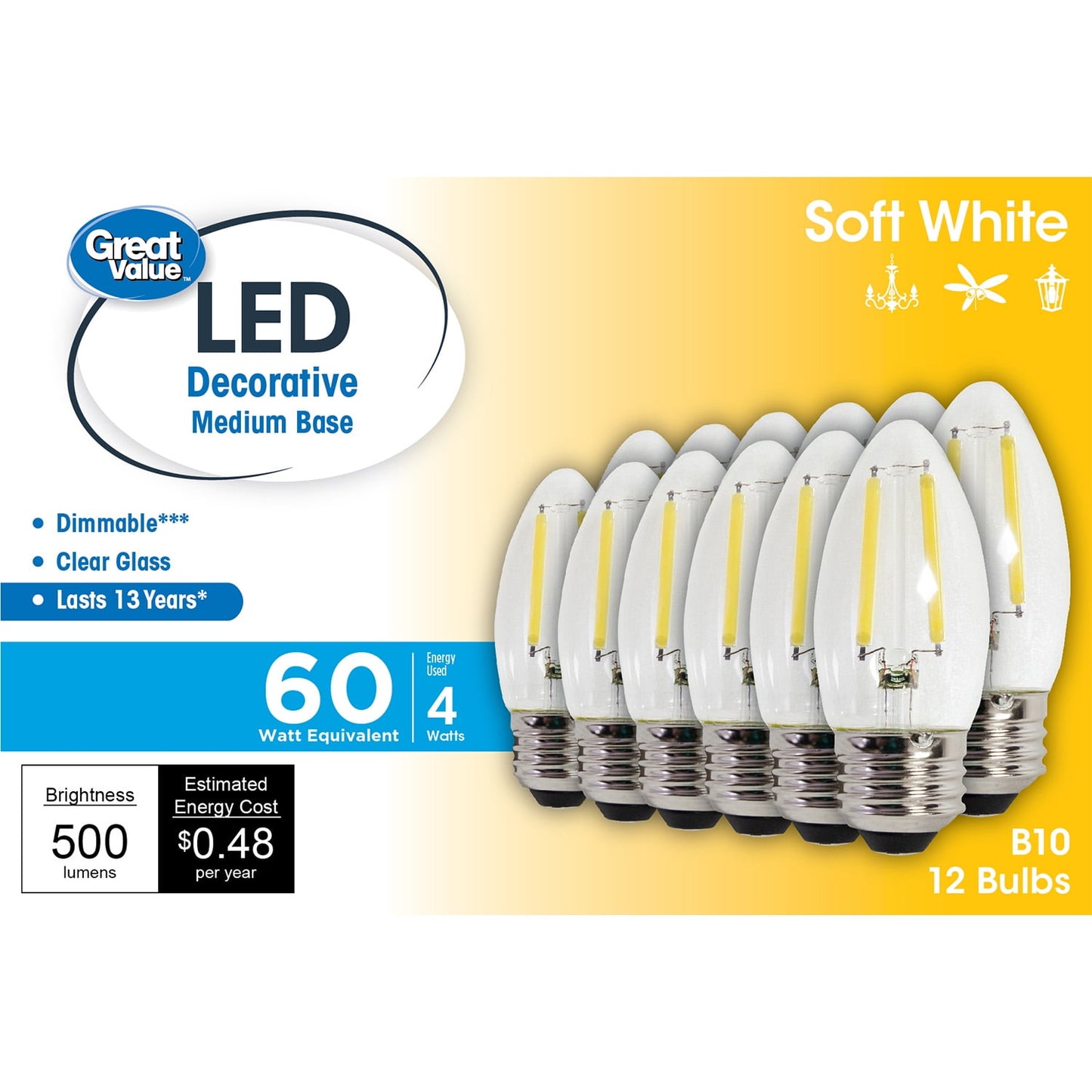 Great Value LED, 4W (60W Eqv) Lámpara Deco B10 Base Media E26, Regulable, Blanco Suave, Paquete de 12