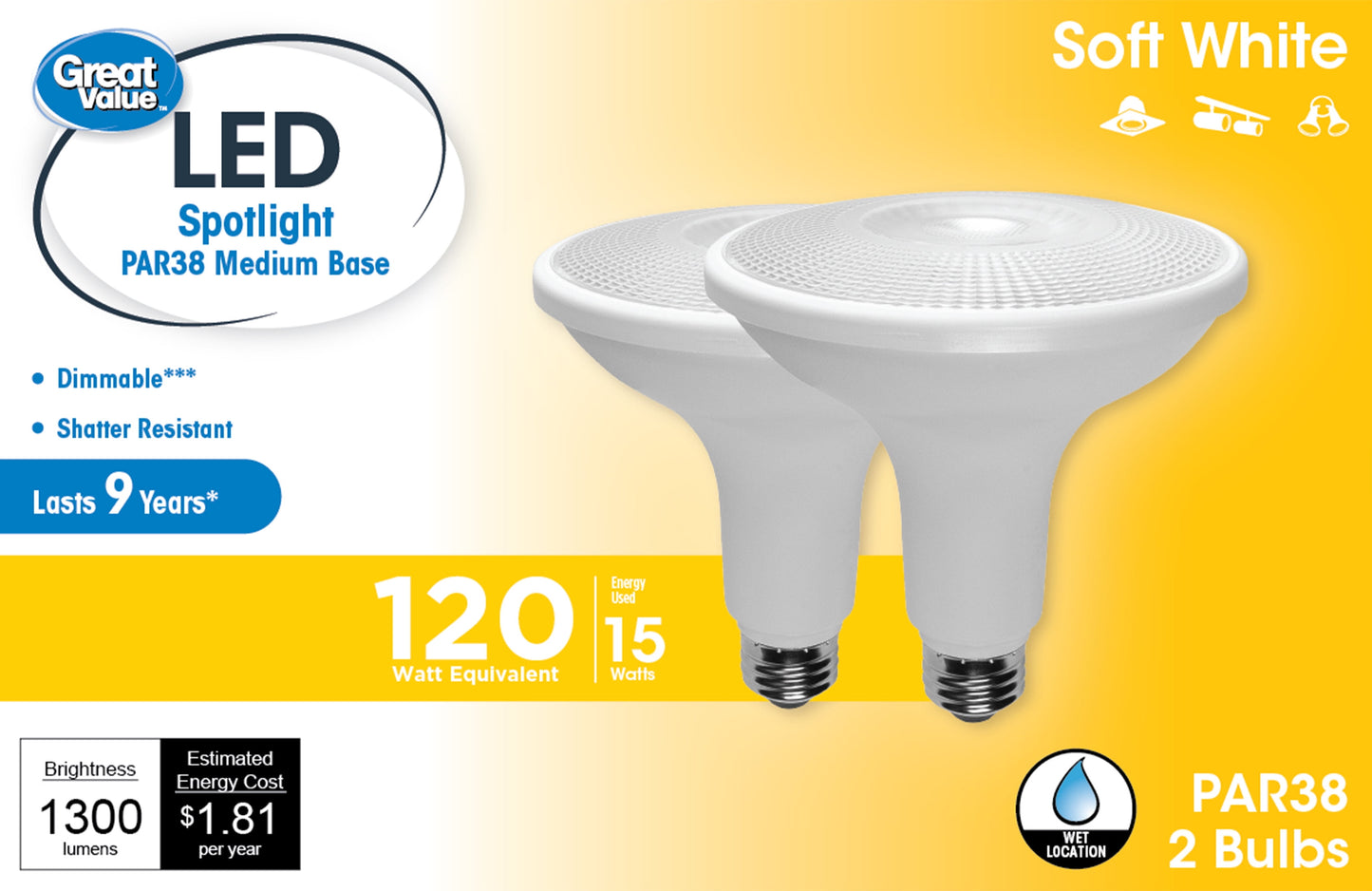 Great Value Bombilla LED, 15 Vatios (Equivalente a 120W) Lámpara de Reflector PAR38 Base Mediana E26, Regulable, Blanco Suave, Paquete de 2
