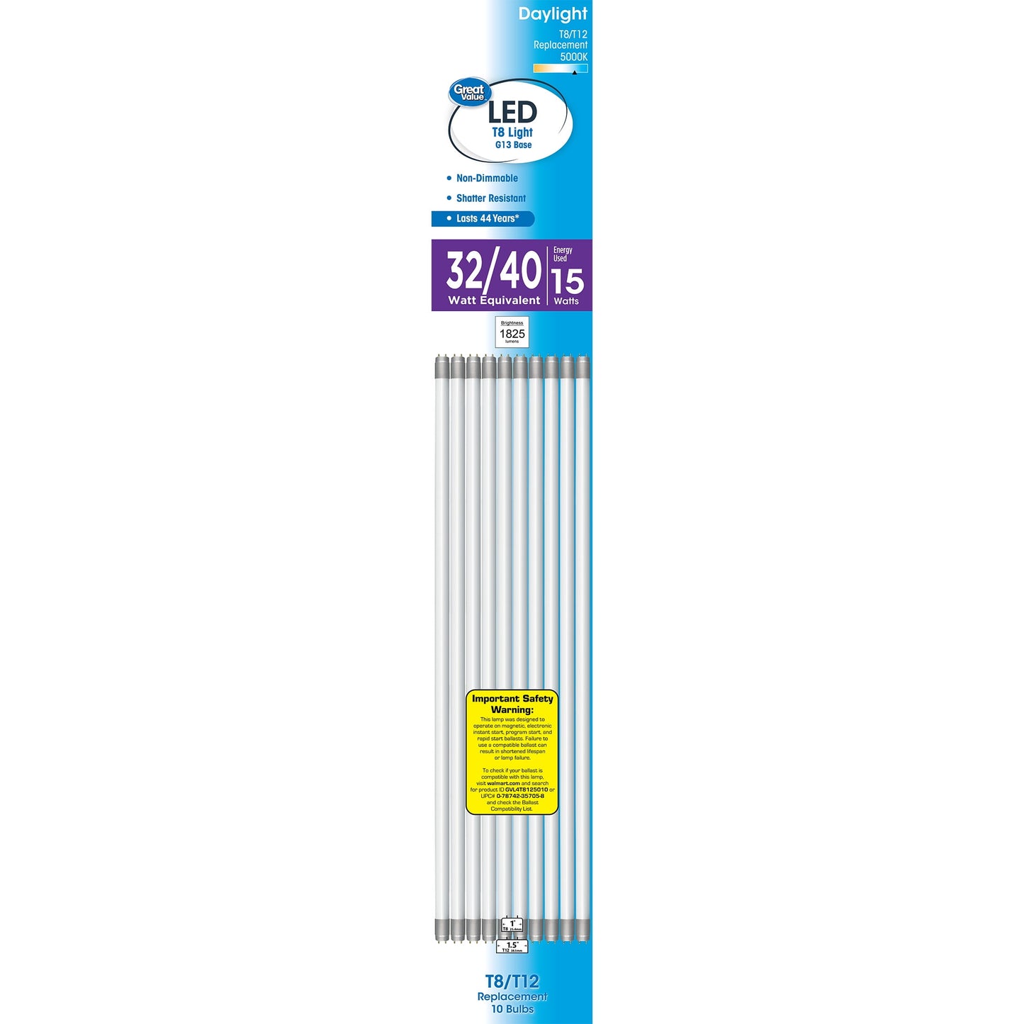 Great Value LED Light Bulb, 17 Watts T8/T12 Replacement Lamp G13 Base, Non-dimmable, Daylight, 48-inches, 10-Pack