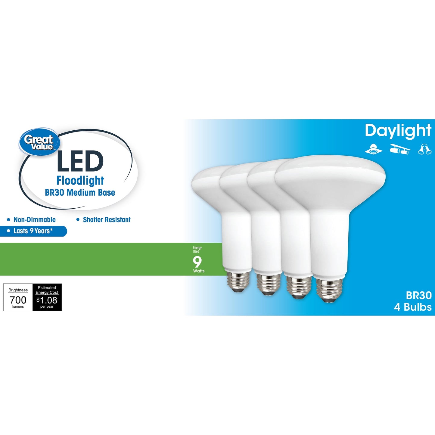 Great Value Bombilla LED, 9W (Equivalente a 65W) BR30 Lámpara de Reflector Base Mediana E26, No Regulable, Luz de DÃa, Paquete de 4