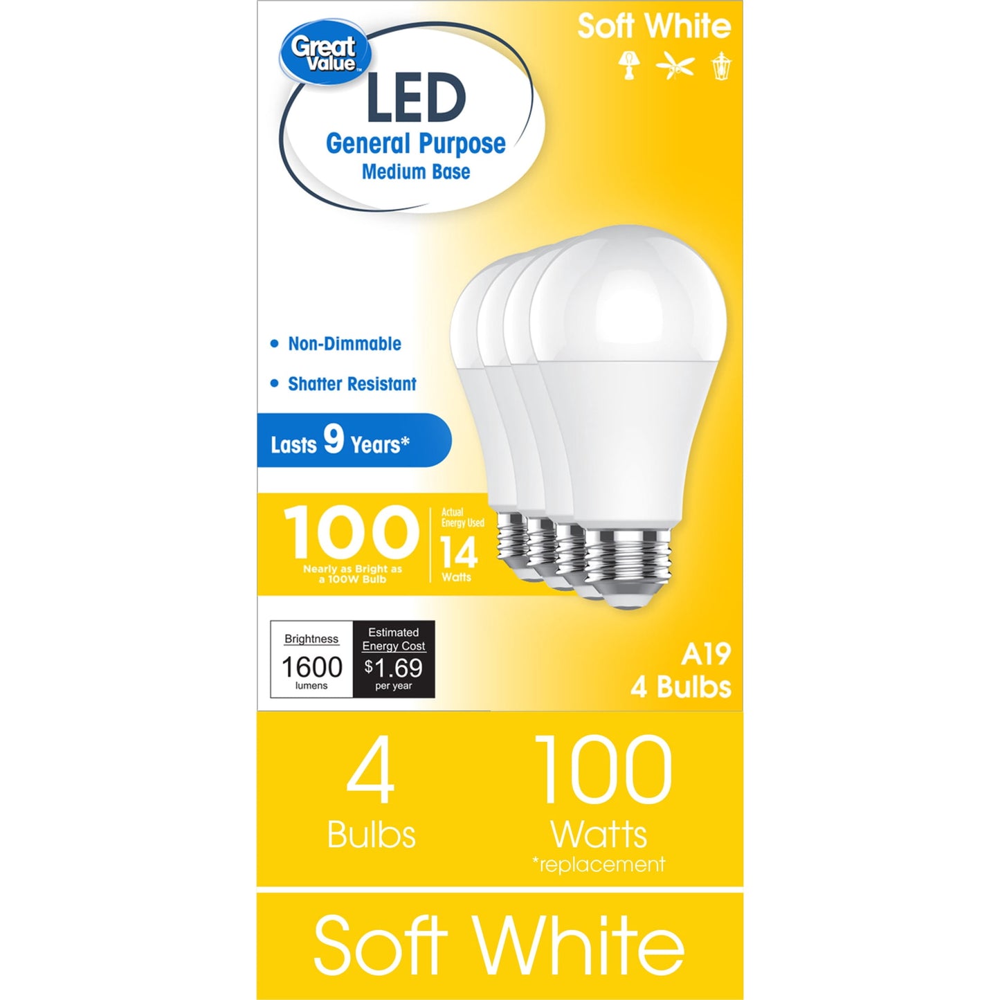 Great Value LED Light Bulb, Soft White, 100 Watt Eqv, A19 General Purpose, E26 Medium Base, 9yr, 4 Pack
