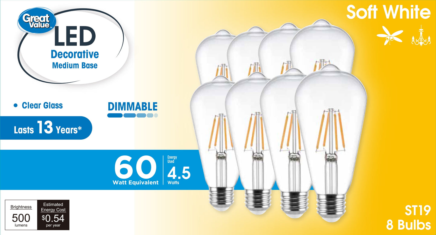 Great Value ST19 Vintage LED Light Bulb, 4.5-Watt (60W Equivalent), Soft White, Dimmable, E26, 8 Pack