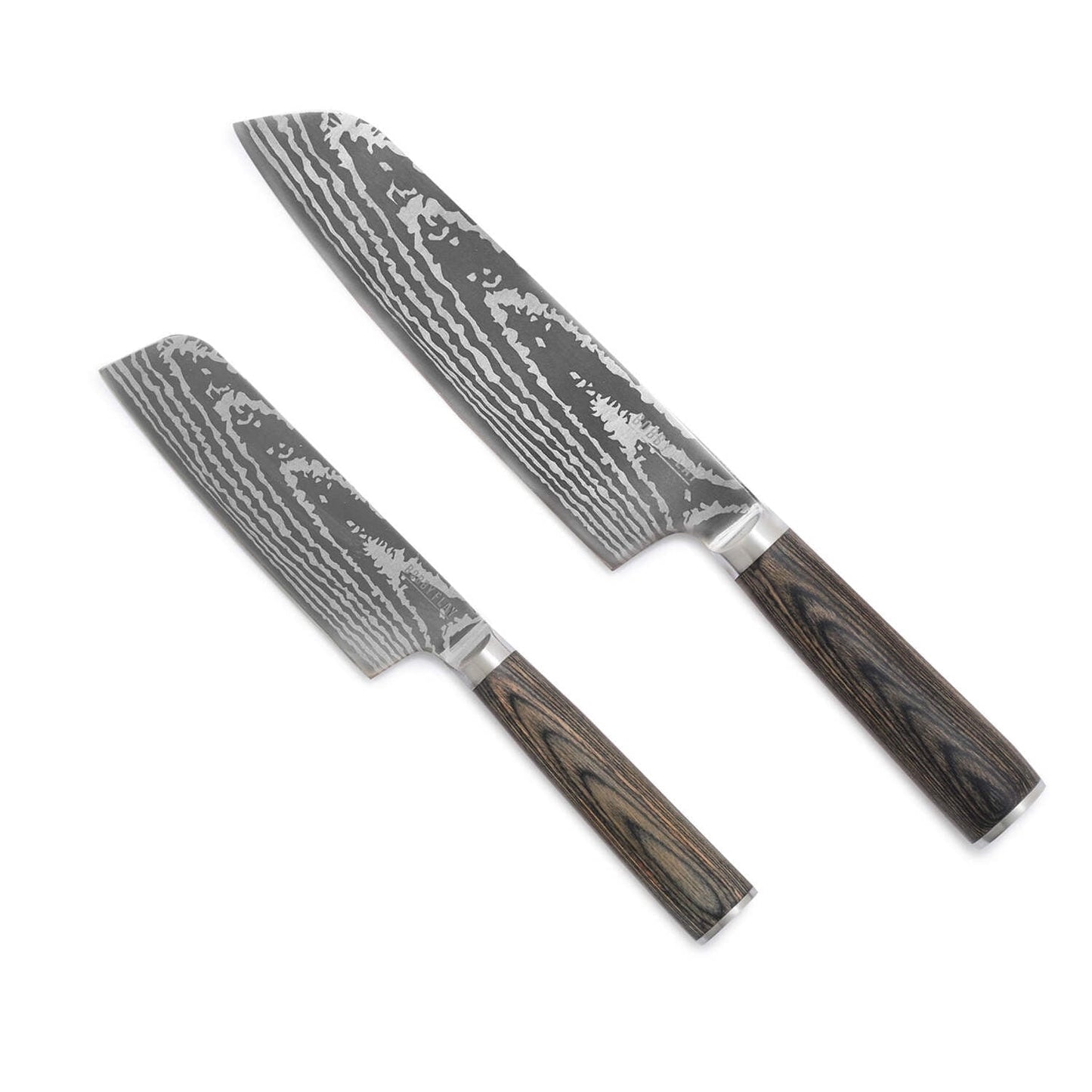 GreenPan x Bobby Flay 5†& 7†Santoku Knife Set, Premium Stainless Steel Blades, Precision Cutting Kitchen Tools, Ultra-Versatile Cutlery, Hand Finished Wood Handle, Damascus Steel Design