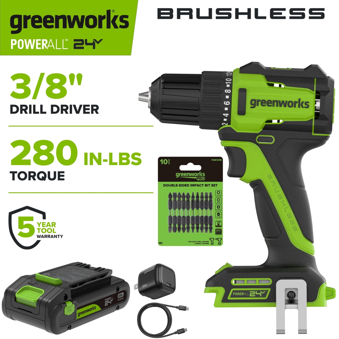 Greenworks 24V Taladro de 3/8" 280 in-lb, con BaterÃa USB-C de 2 Ah, Incluye Juego de 10 Piezas de Brocas de Impacto de Doble Cara, DD330A7