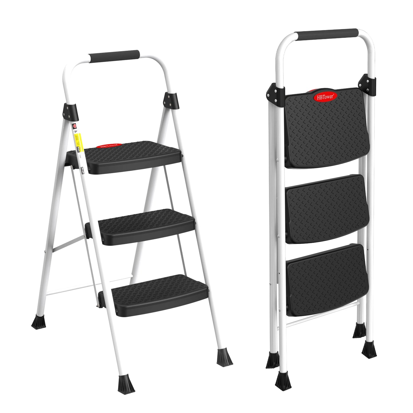 HBTower 2 Step Folding Ladder, Household Step Stool with Snap-Lock Design, 330 lbs Capacity, Lightweight Sturdy Steel, White