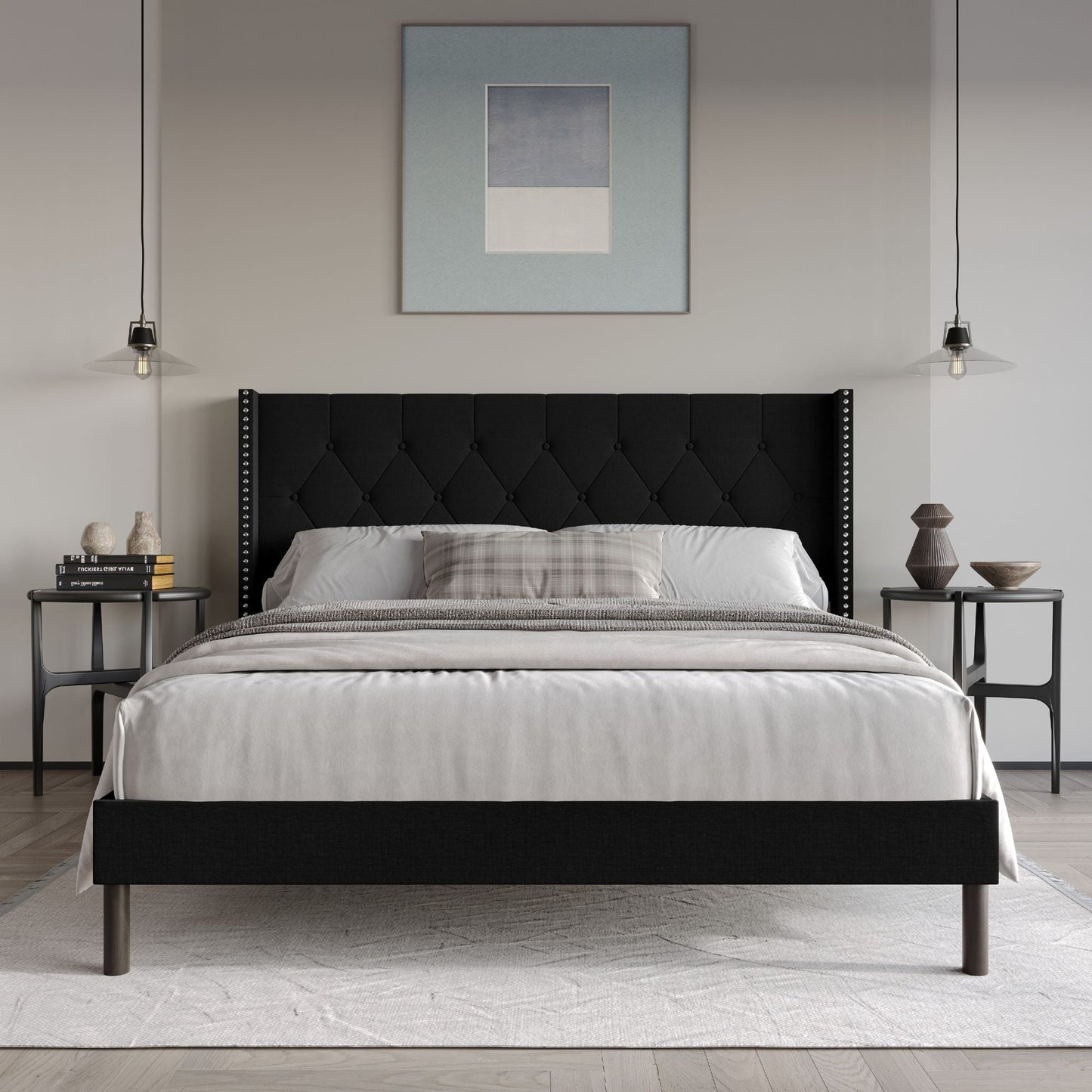 Home Design Cicero King Tufted Upholstered Wingback Panel Bed Frame with Button-Tufted Headboard & Nailhead Trim, Black, Easy Assembly