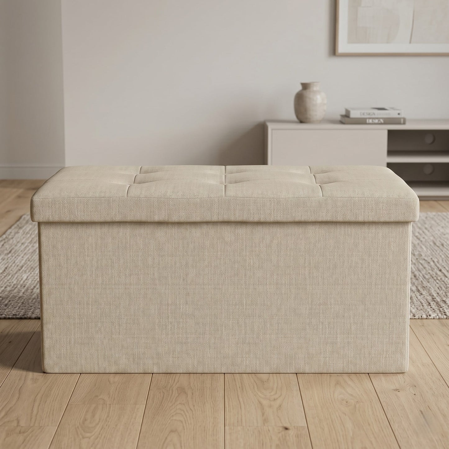Home Design Upholstered Folding Storage Bench – Beige Linen, Padded Seat with Hidden Storage, Collapsible Design