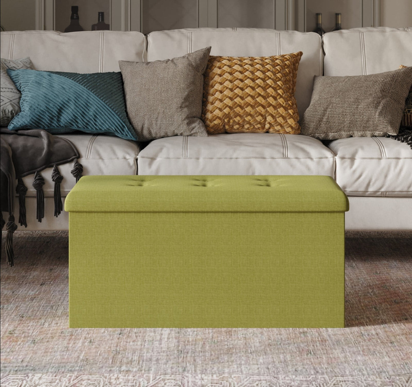 Home Design Florence Upholstered Folding Storage Bench for Adult Bedroom, Lemon Grass Linen, Modern Style, Hidden Storage Seat