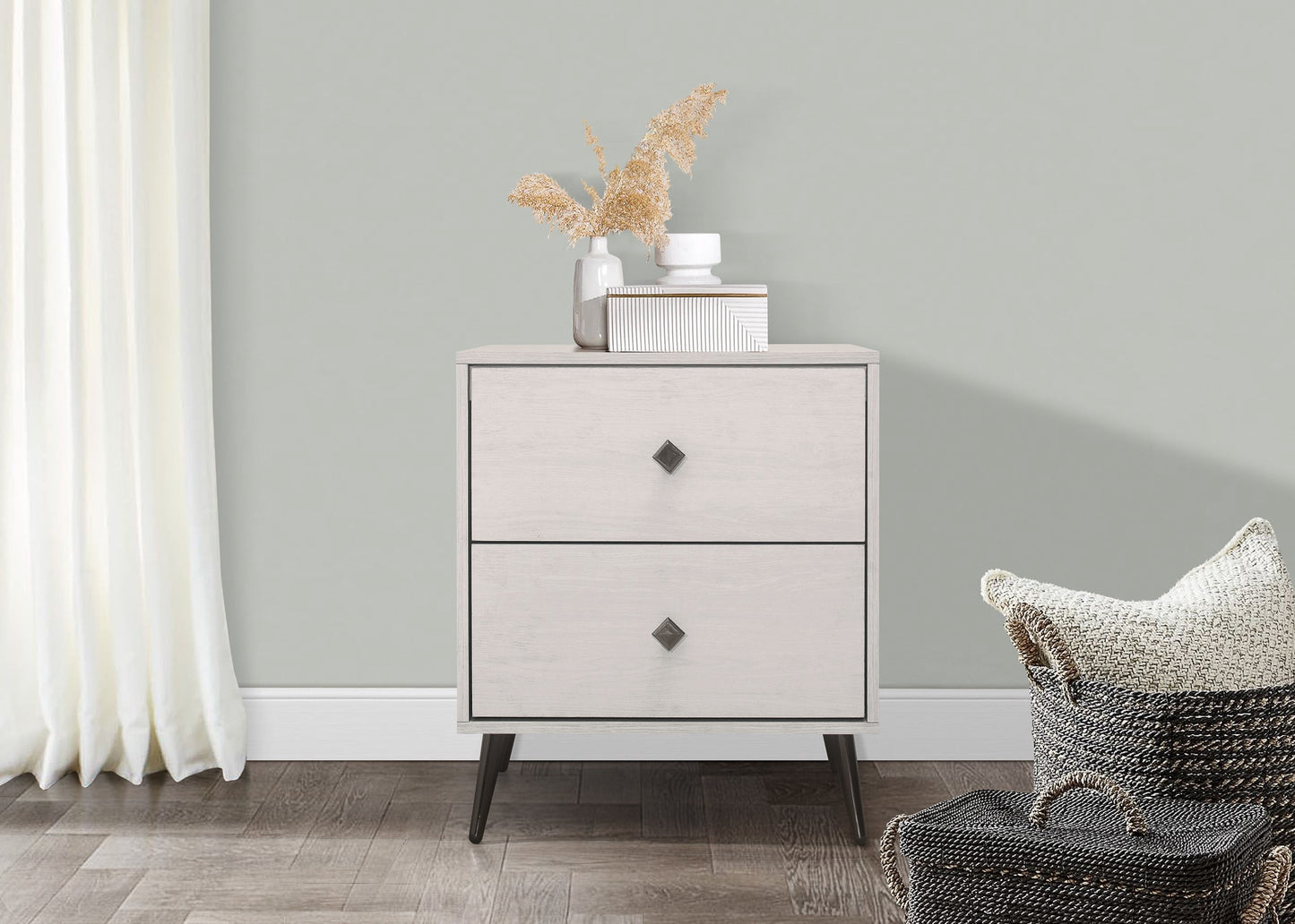 Home Design Lattice 2-Drawer Nightstand, Two Drawers, Metal Tapered Legs, Greyish Beige, Easy Assembly