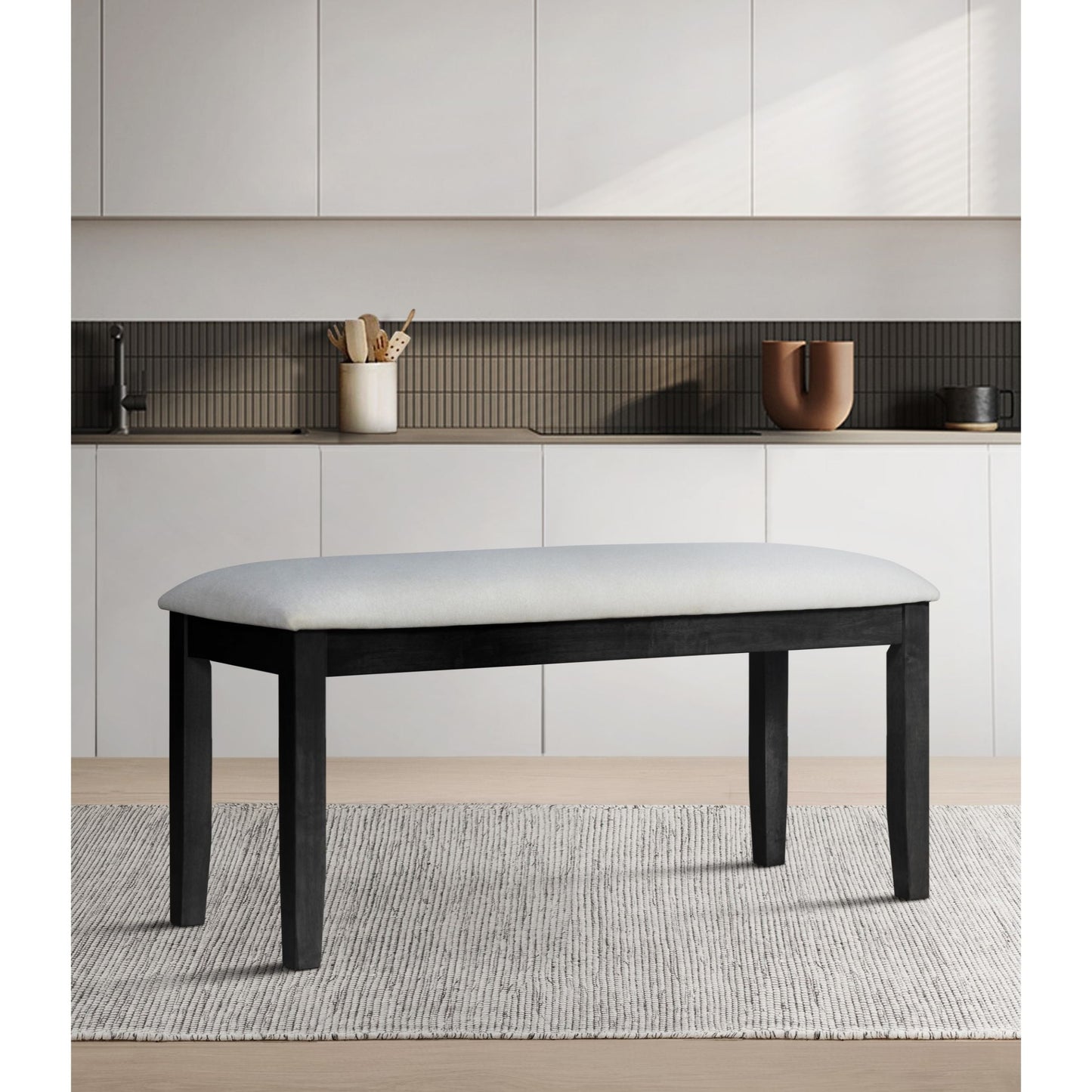 Home Design Oden Dining Bench, Black/Gray, Rectangular seat, Padded cushion, Upholstered in soft gray fabric, X-shaped base, Comfortable seating, Rustic-modern style, Durable construction