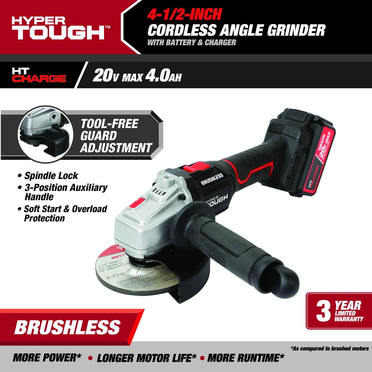 Hyper Tough 20V Brushless 4-1/2-in Cordless Angle Grinder Battery & Charger