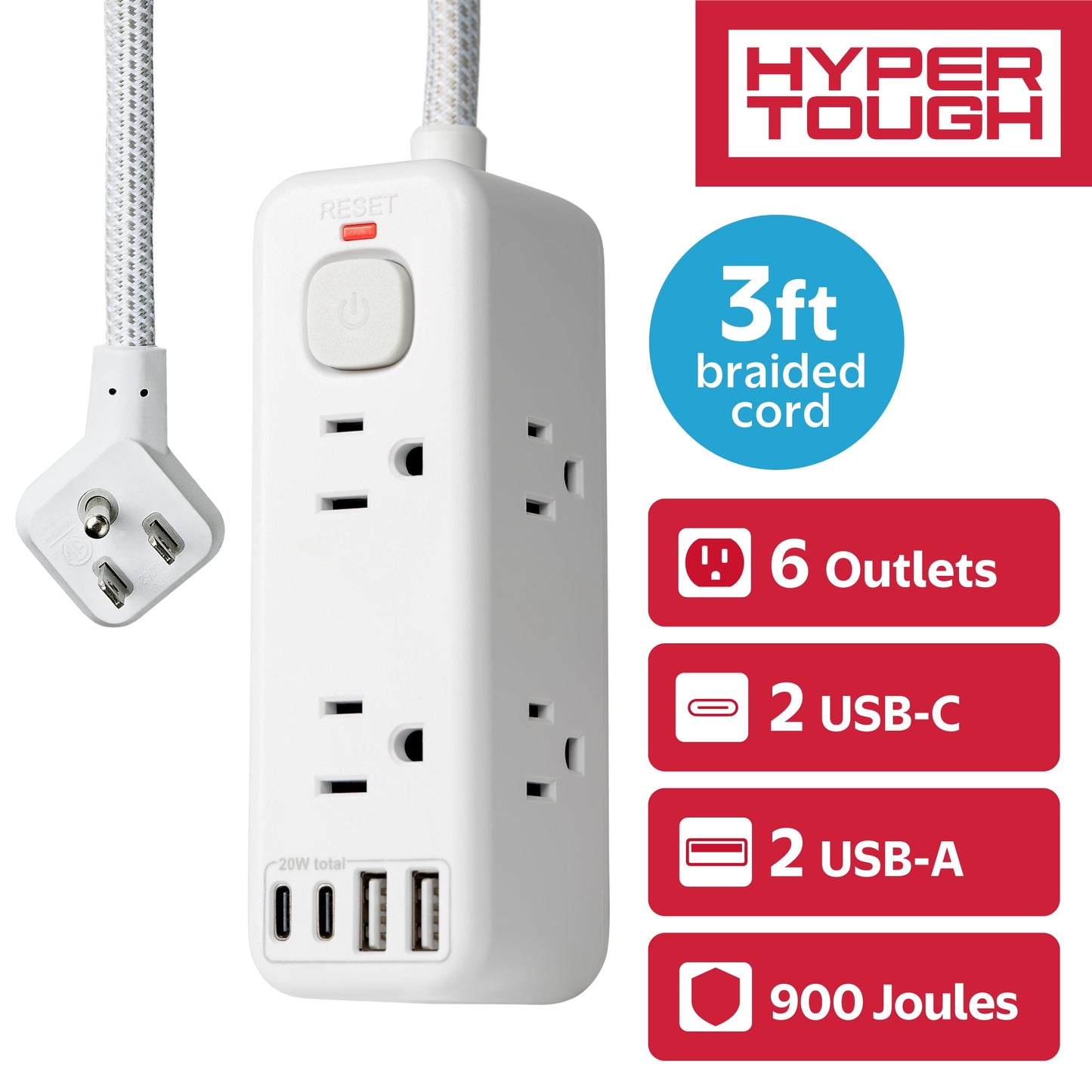 Hyper Tough USB Power Strip, 3ft Extension Cord, 6 Outlet, USB-A, USB-C, 900J Surge Protector, White