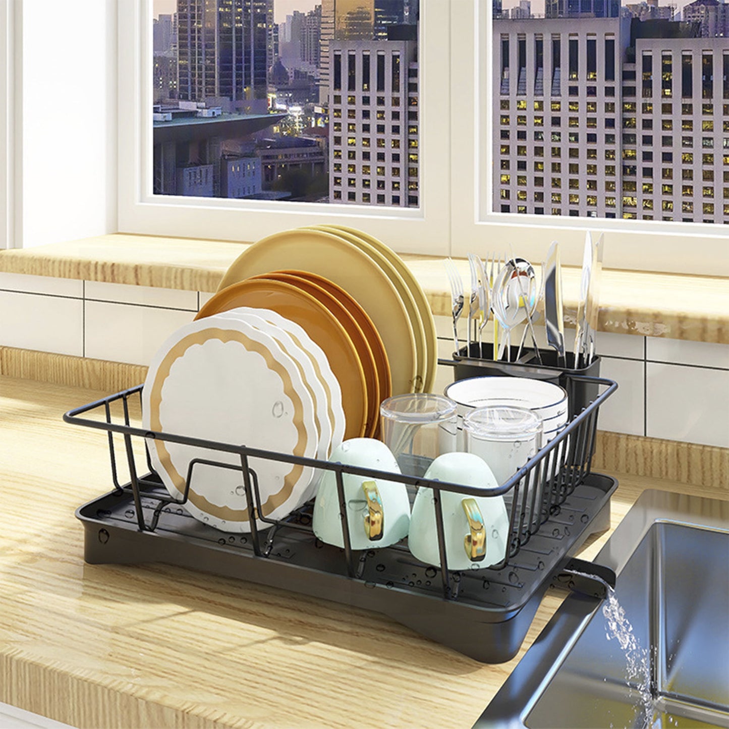 HUFTGOLD Kitchen Counter Dish Drying Rack with Detachable Cutlery Holder, Compact Kitchen Sink Organizer for Plates, Bowls & Cups, Black