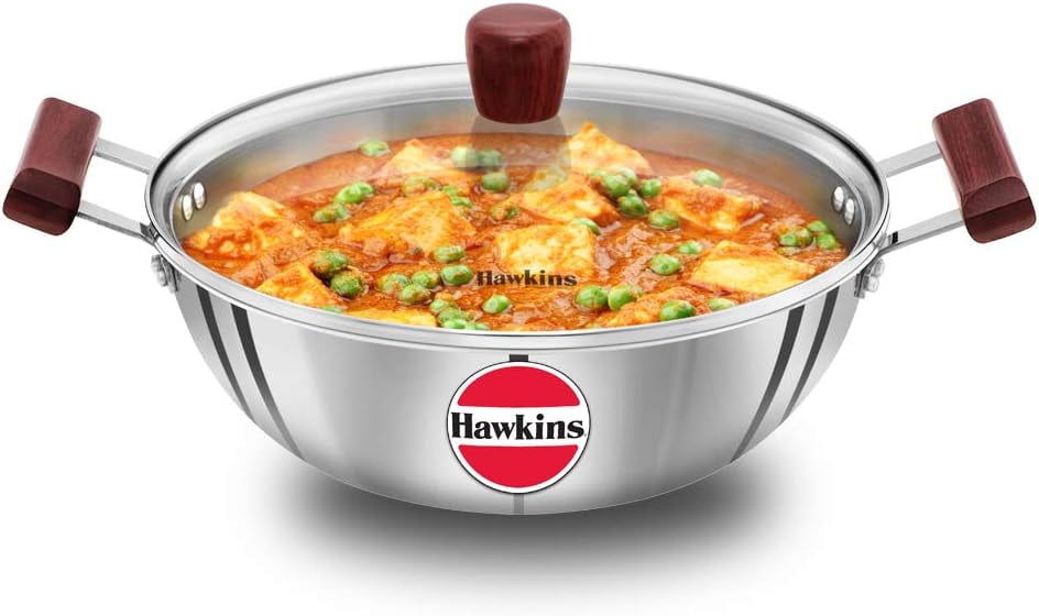 Hawkins Tri-Ply Stainless Steel Induction Compatible Deep Kadhai (Deep-Fry Pan) with Glass Lid, 4 Liter