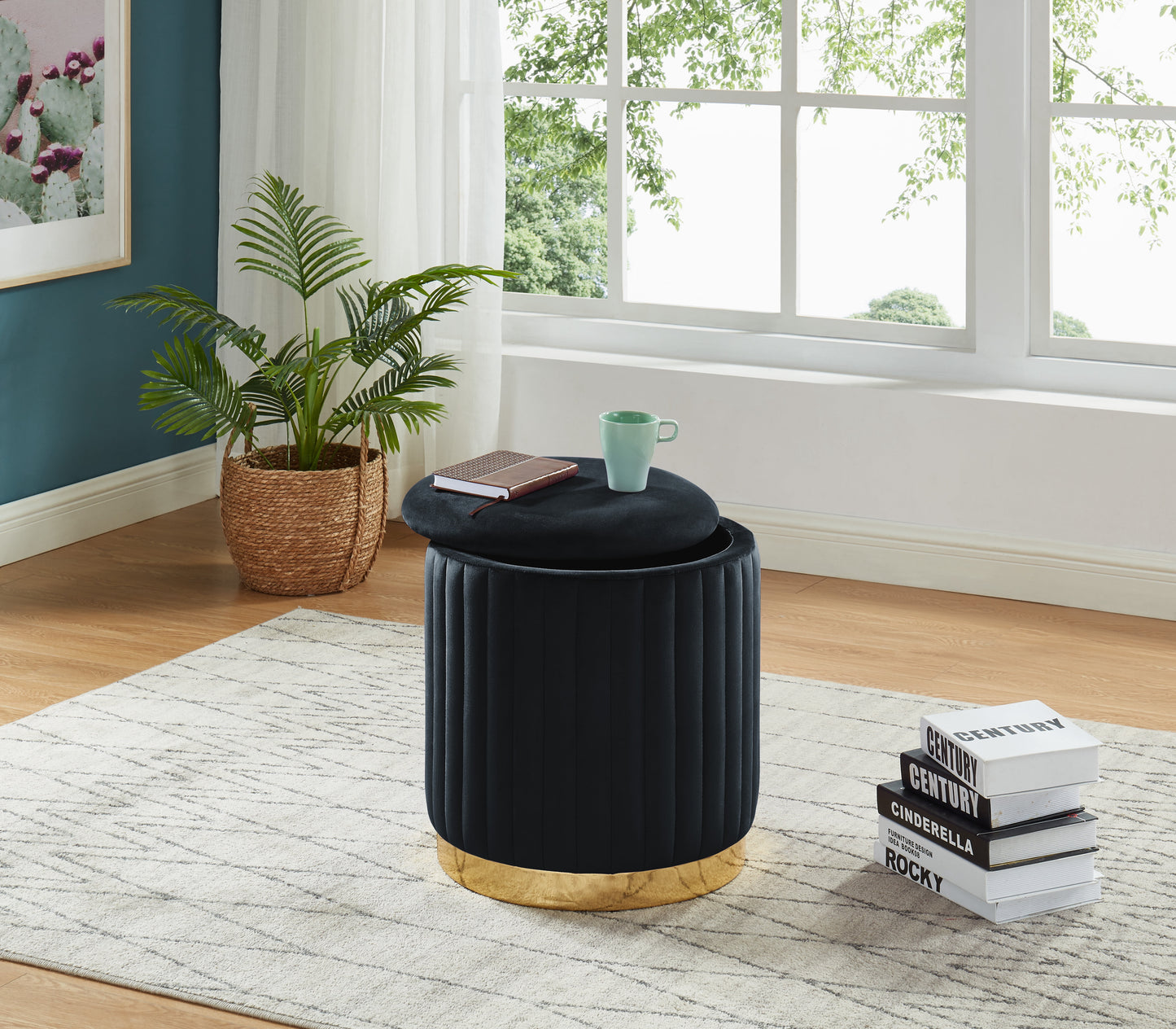 Hi-Line Gift Ltd 96163-BK Black Velvet Channel-Tufted Round Storage Ottoman with Gold Base