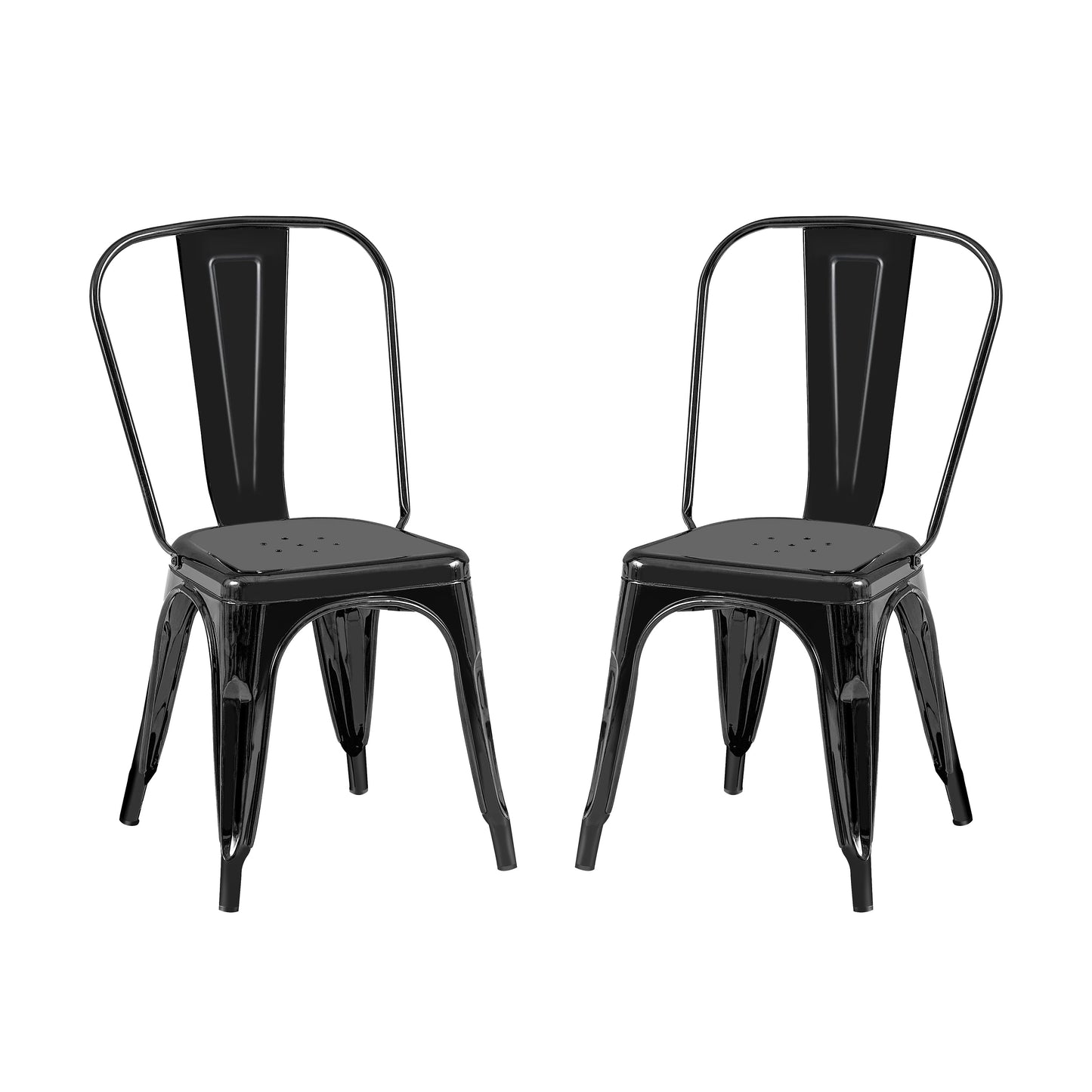 High Gloss Black Industrial Metal Dining Chairs 18 Inch Seat Height Stackable, Set of 2