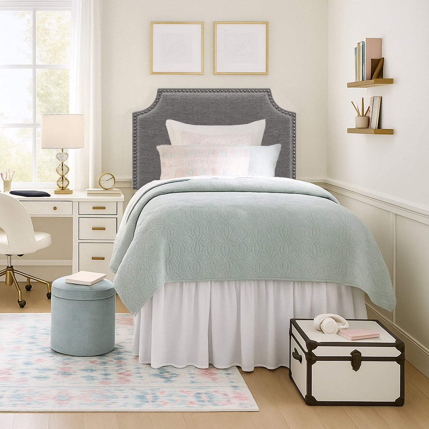 Hillsdale Cabecero Colgante Tapizado para Cama Individual con Tachuelas y Carga USB, Gris