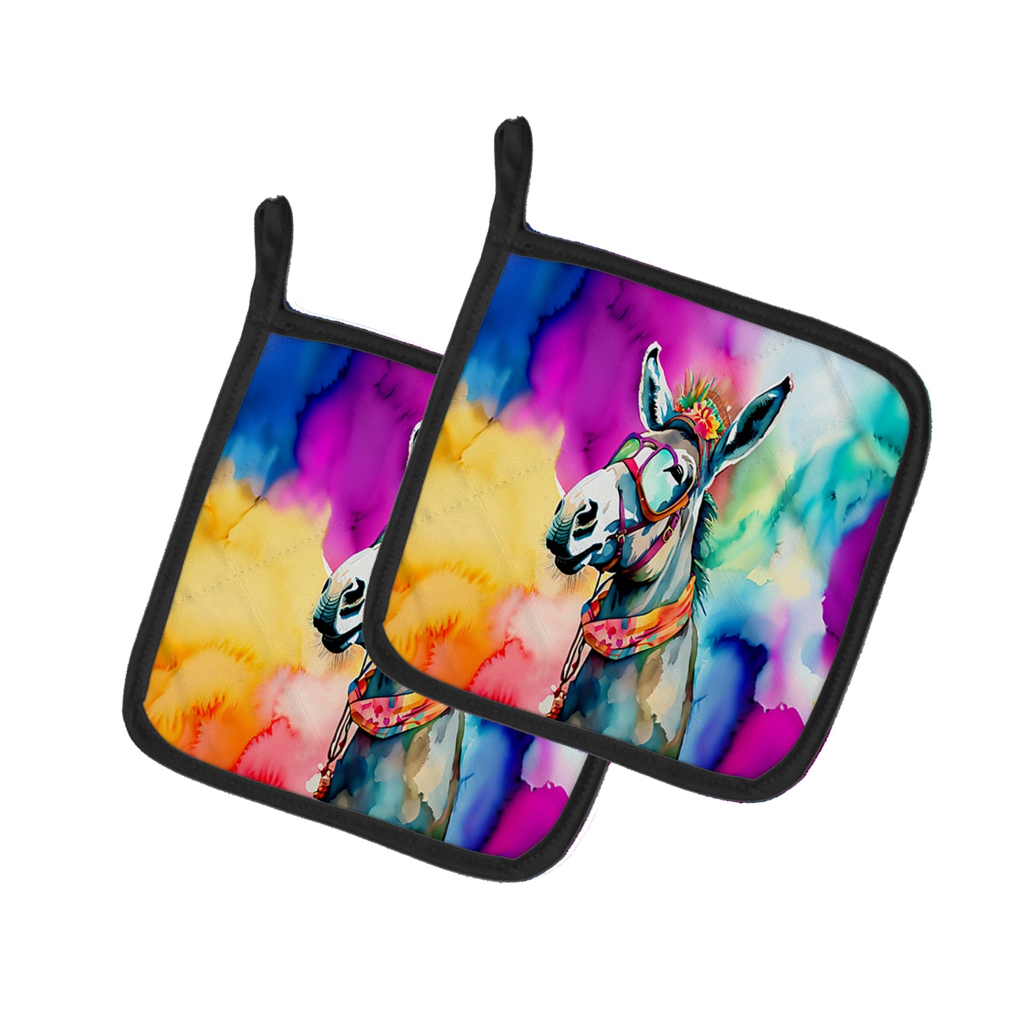 Hippie Animal Donkey Pair of Pot Holders 7.5 in x 7.5 in