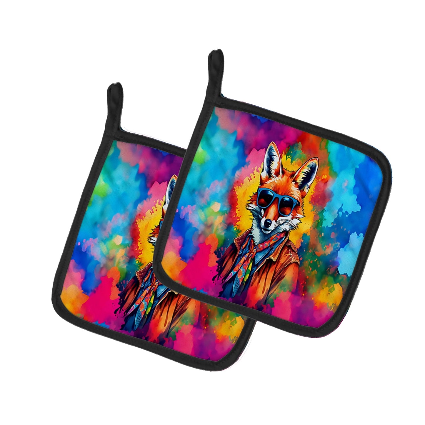 Hippie Animal Fox Pair of Pot Holders 7.5 in x 7.5 in