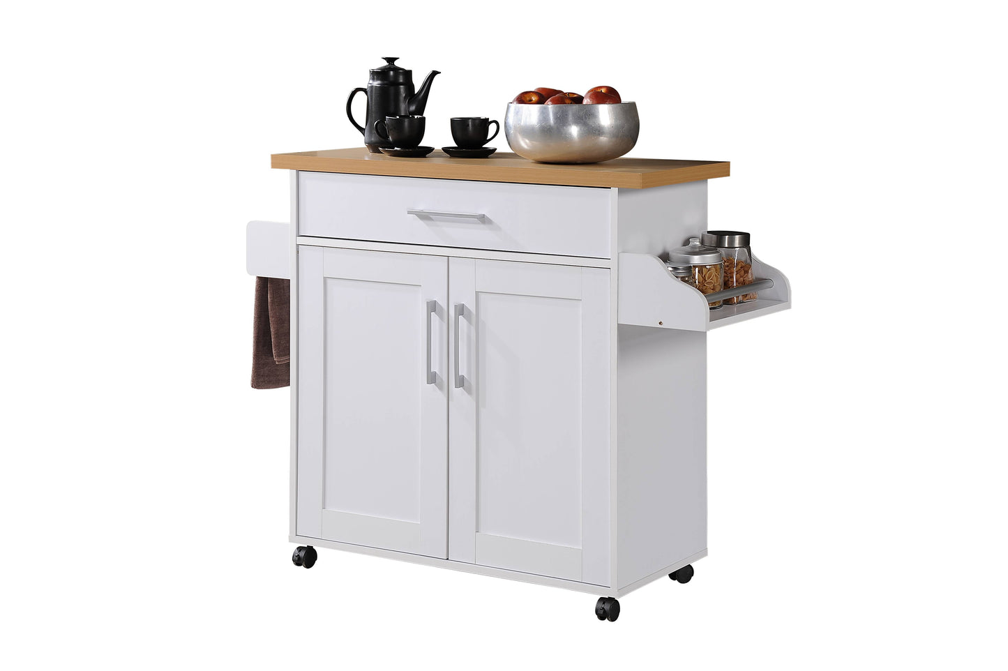 Hodedah Kitchen Cart with Spice Rack plus Towel Holder, White