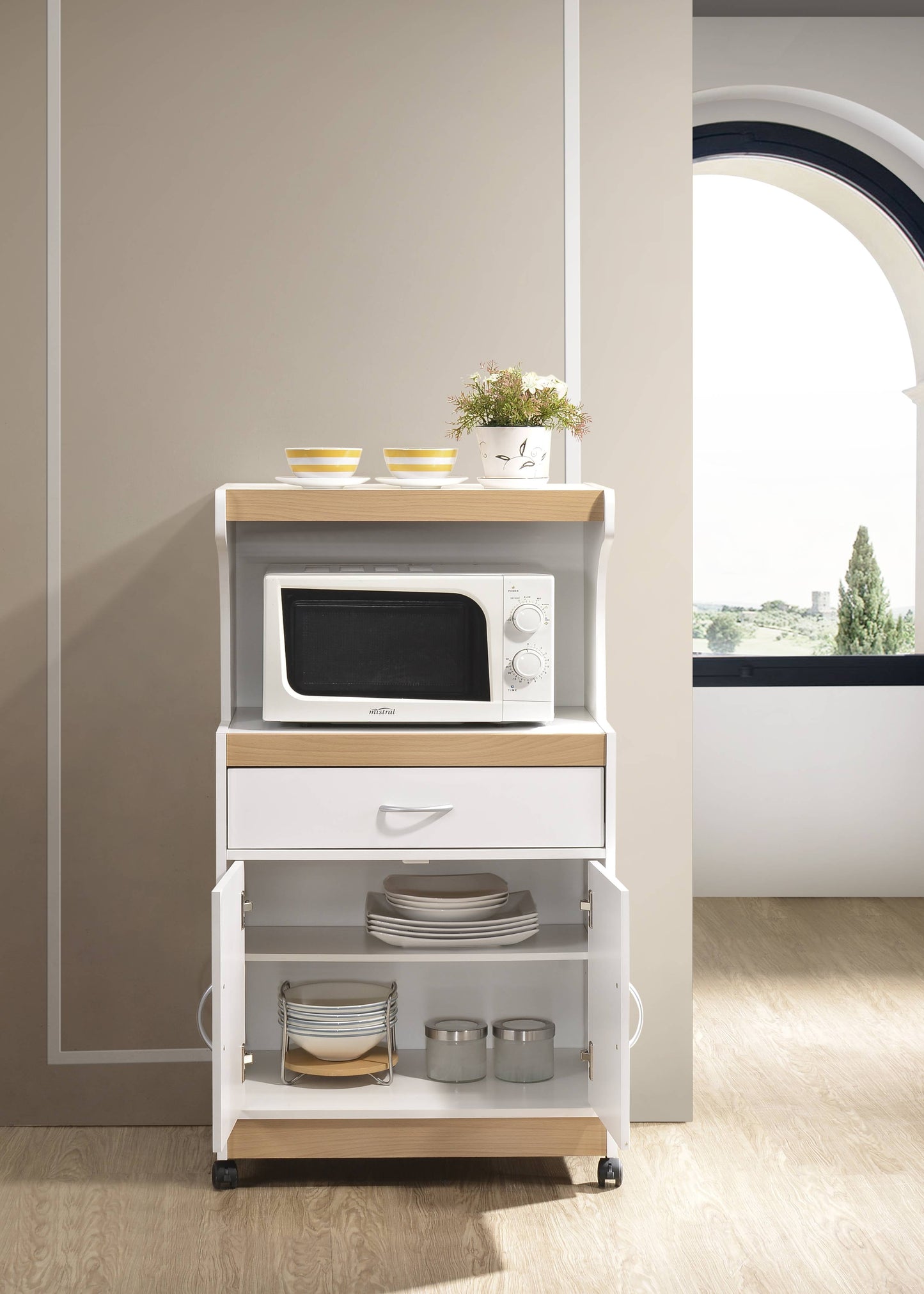 Hodedah Microwave Kitchen Cart, White