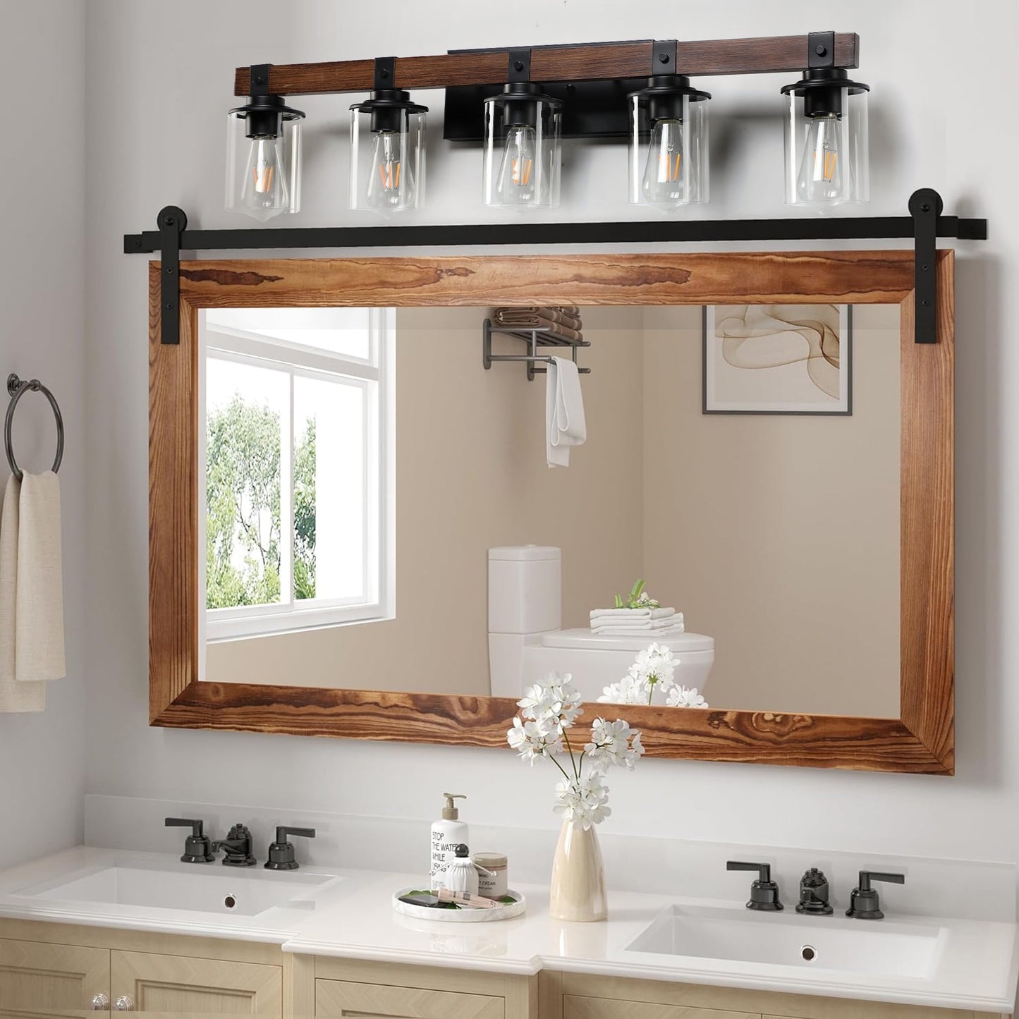 Holaki 35" Rustic 5-Light Vanity Light, Industrial Bathroom Wall Sconce with Glass Shades and Wood Accent, Modern Farmhouse Lighting Fixture, Walnut (E26, No Bulbs)