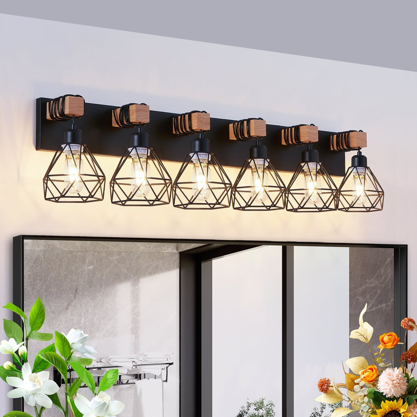 Holaki 38" Modern Geometric 6-Light Vanity Light Fixture with Black Metal, Wooden Accents and Cage Lampshade for Bathroom, Bedroom, or Living Room (Bulb Not Included)