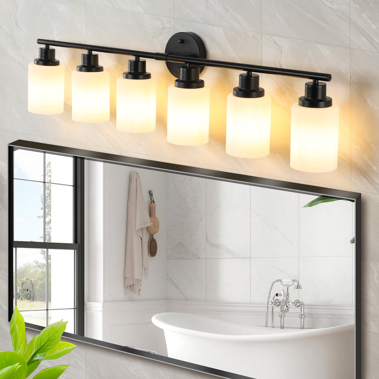 Holaki 39" Modern 6-Light Vanity Bathroom Mirror Light, Frosted White Glass with Black Iron Frame, Contemporary Wall Sconce for Bedroom, Bathroom, and Dressing Room (No Bulbs)