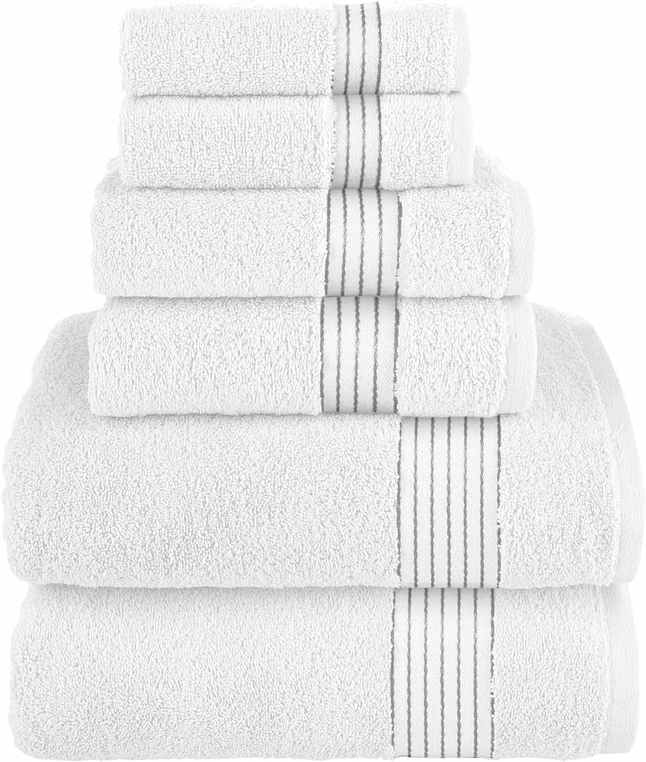 Holiday Gift Cotton 6-Piece Towel Set, Includes 2 Washcloths, 2 Hand Towels and 2 Bath Towels, 100% Turkish Cotton - Highly Absorbent and Super Soft Towels for Bathroom, White/Gray