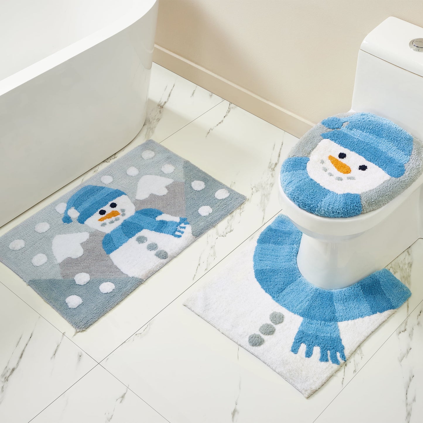 Holiday Time Snowman Blue Cotton/Polyester Bath Rug Set, 3 Pieces