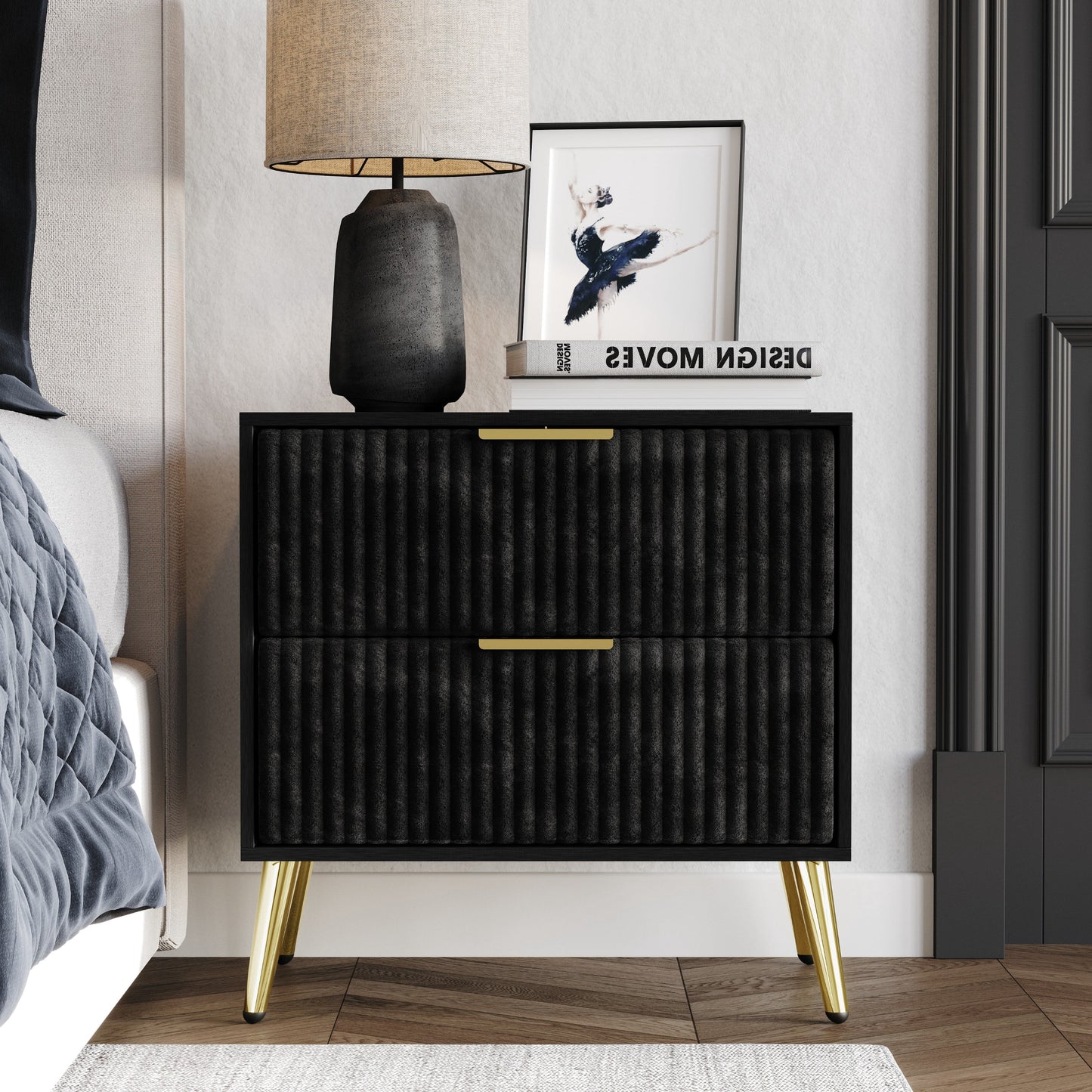 Home Design Alva 2 Drawer Nightstand with Gold-Accented Handles and Tapered Legs, Black, Easy Assembly