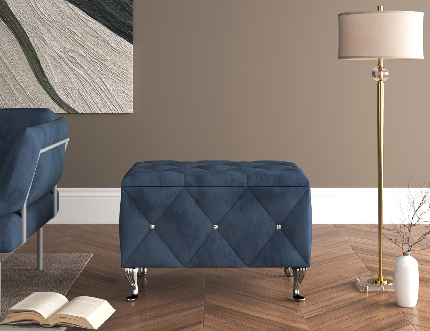 Home Design Bodhi Upholstered 30" Flip Top Storage Bench with Diamond Tufted Velvet Seat, Spacious Hidden Storage, and Multi-Purpose Rectangular Design for Bedroom or Living Room, Blue