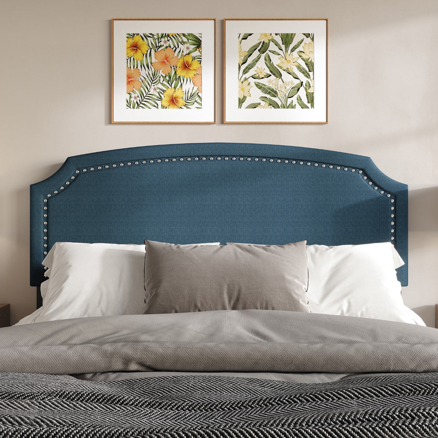 Home Design Bowie Full Upholstered Headboard with Adjustable Height and Nailhead Trim, Denim Blue, Easy Assembly