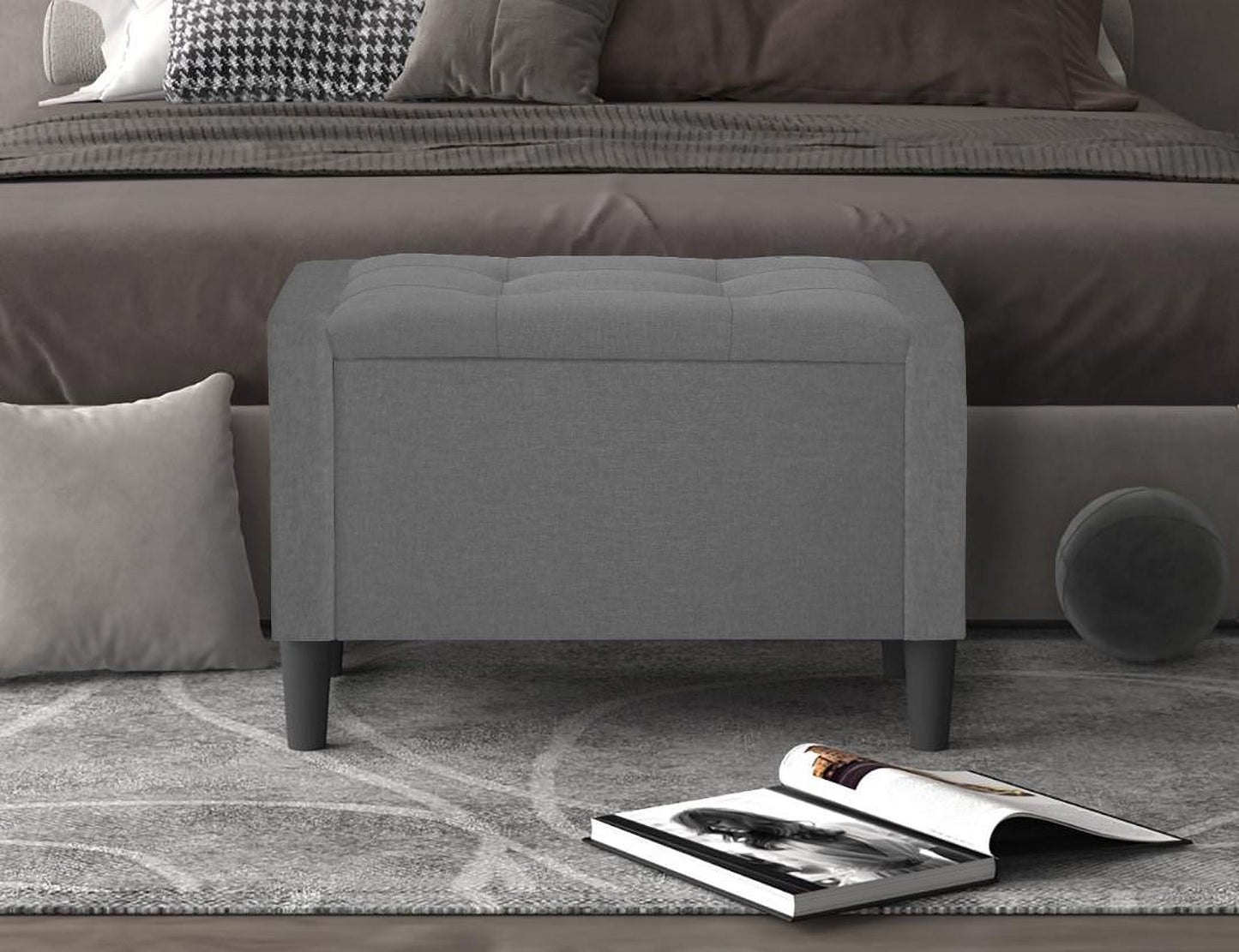 Home Design Braylen Upholstered 29" Flip Top Storage Bench with Button Tufted Velvet Seat, Spacious Hidden Storage, and Sturdy Tapered Legs, Modern Rectangular Design for Bedroom or Living Room, Gray