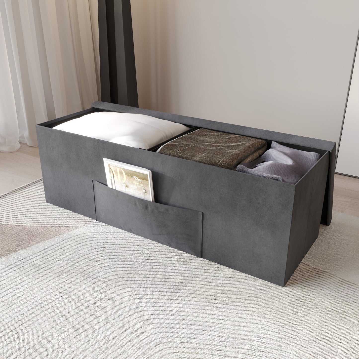 Home Design Chico 42" Tufted Upholstered Folding Storage Bench with Deep Cushion and Front Pocket, Multi-Purpose Rectangular Design for Bedroom, Entryway, or Living Room, Dark Gray