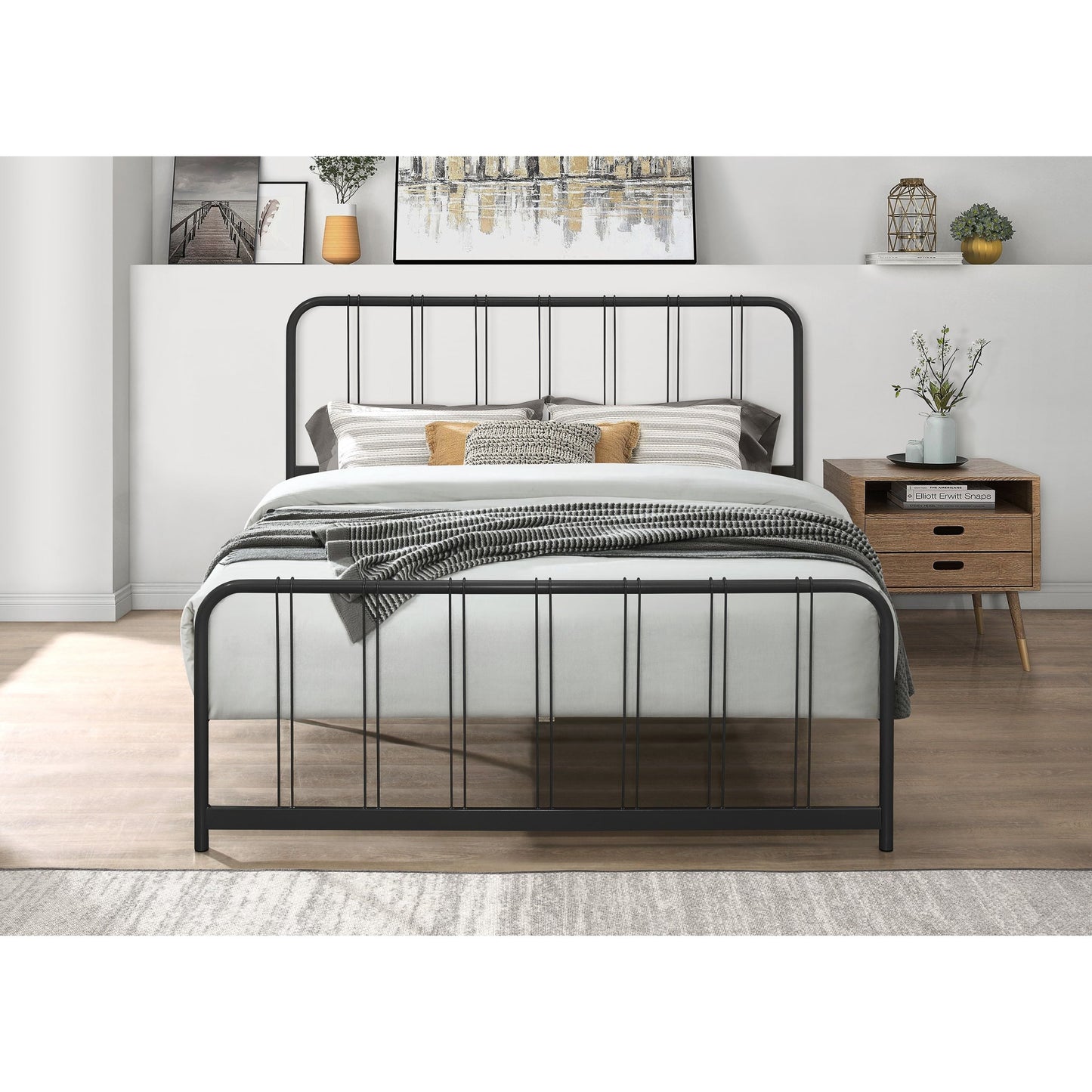 Home Design Debra Queen Metal Platform Bed Frame with Sturdy Frame and Openwork Design, Black, Easy Assembly