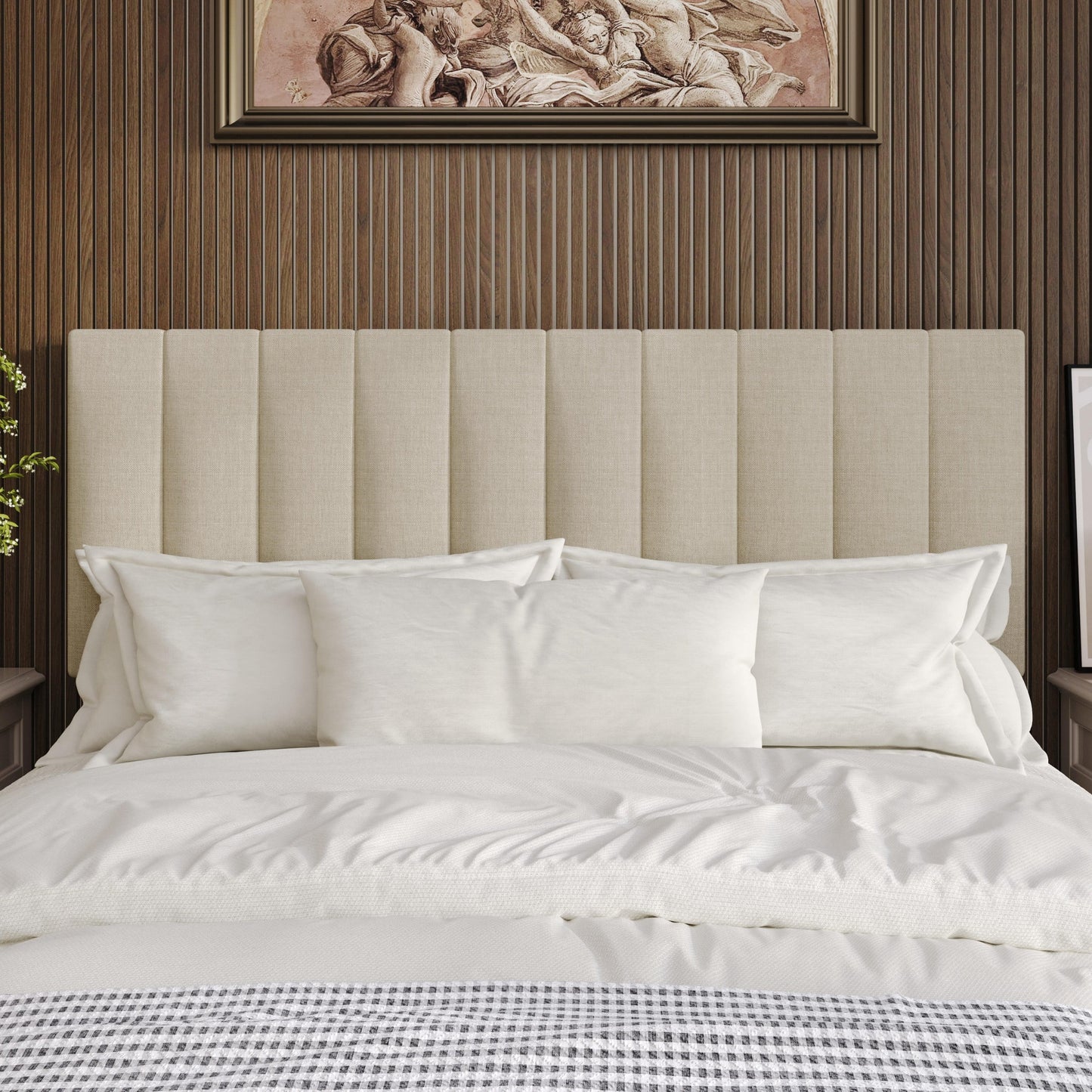 Home Design Dennis Full Upholstered Headboard with Vertical Channel Design, Adjustable Height, Beige