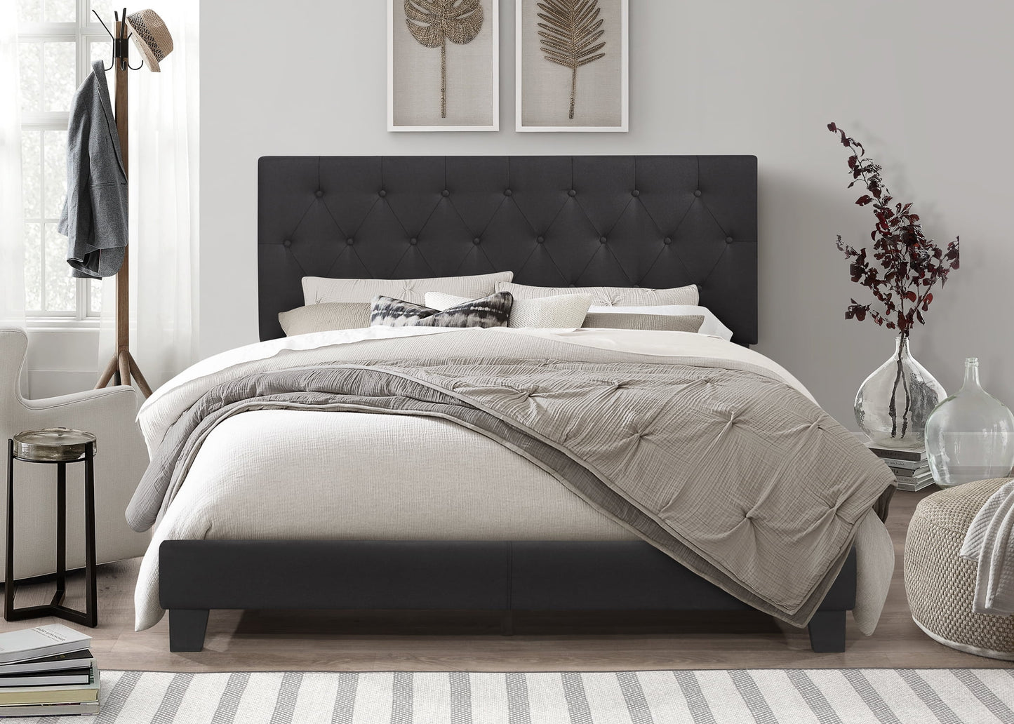 Home Design Dillon Twin Tufted Upholstered Panel Bed Frame with Button Tufting and Foam-Filled Headboard, Black, Easy Assembly