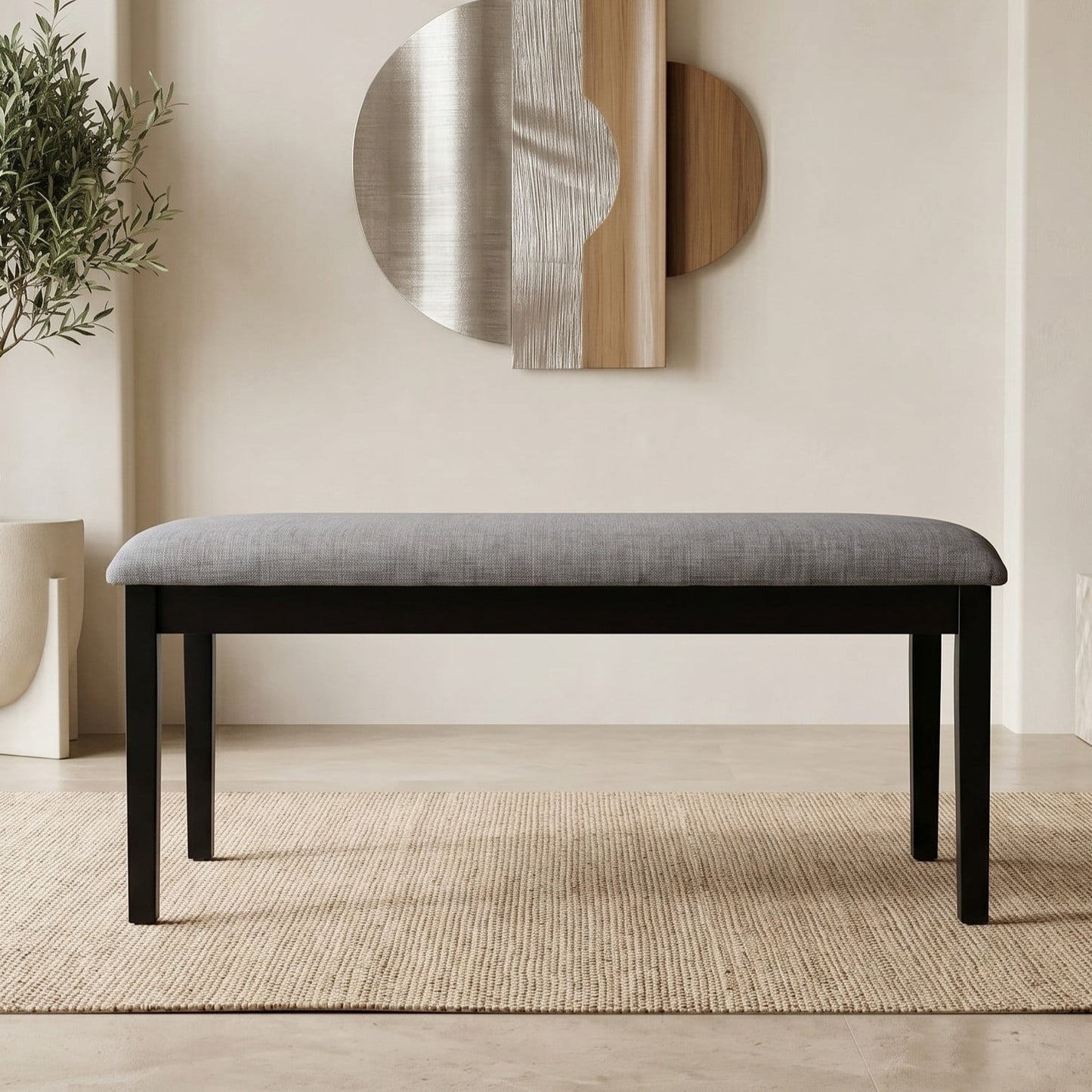 Home Design Easton Dining Bench, Rectangular, Comfortable Padded Seat, Gray Linen Fabric, Black