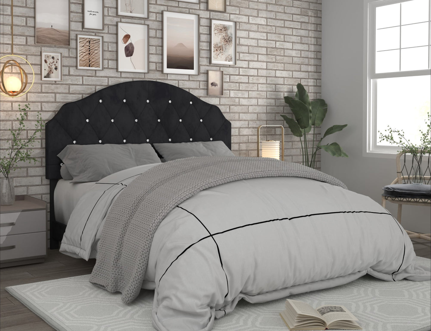 Home Design Evelina Queen Tufted Upholstered Headboard, Black, Velvet with Diamond Button Tufting, Modern Bedroom Furniture