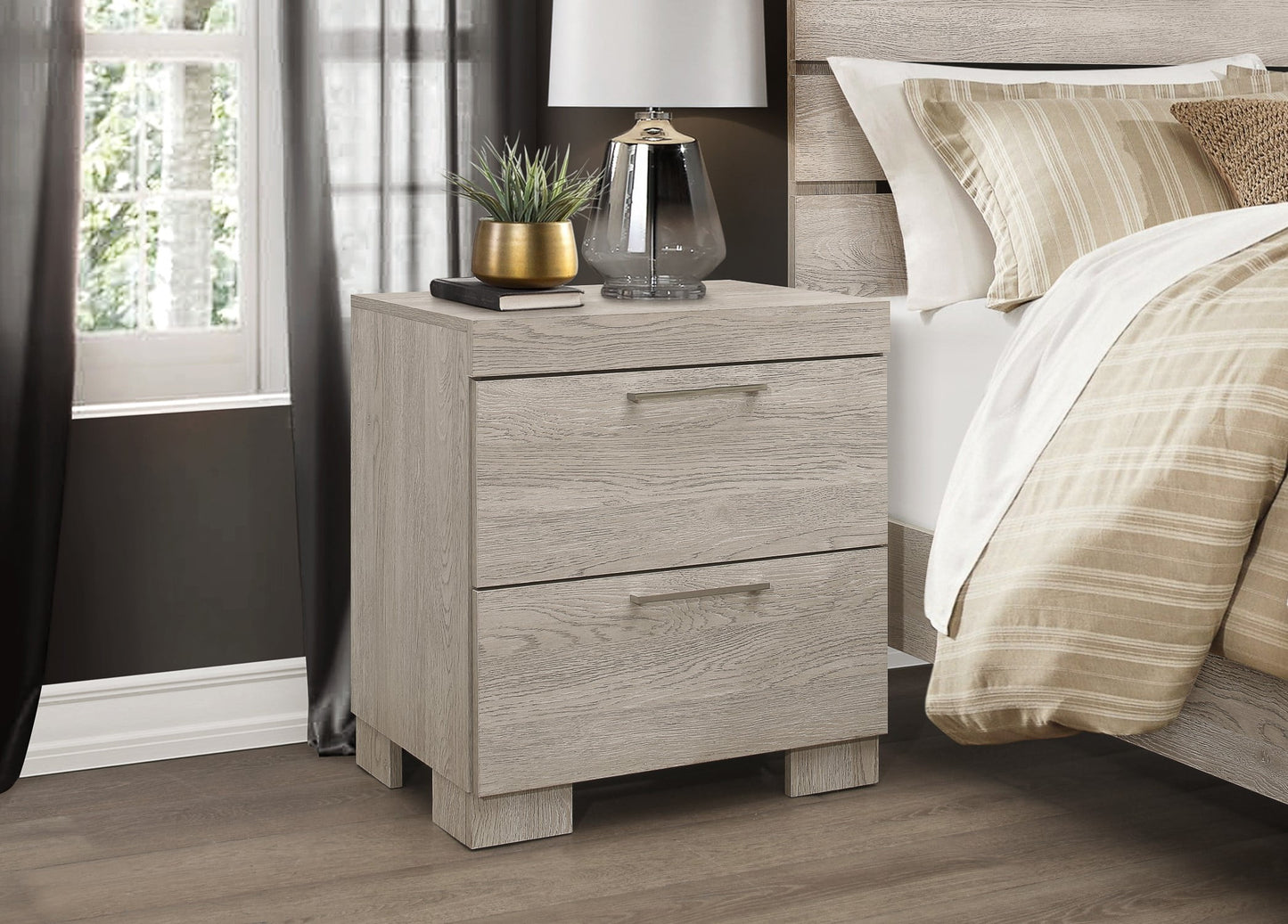 Home Design Kayla Nightstand with 2 Drawers and Ample Surface, White Oak Finish, Modern Style, Adult, Easy Assembly