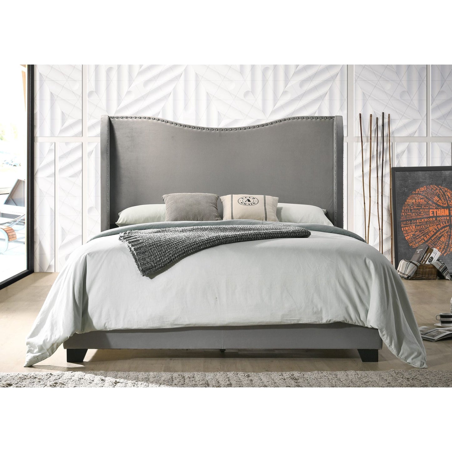 Home Design Kris Full Upholstered Wingback Bed Frame with Arched Wingback Headboard and Nailhead Trim, Gray, Easy assembly