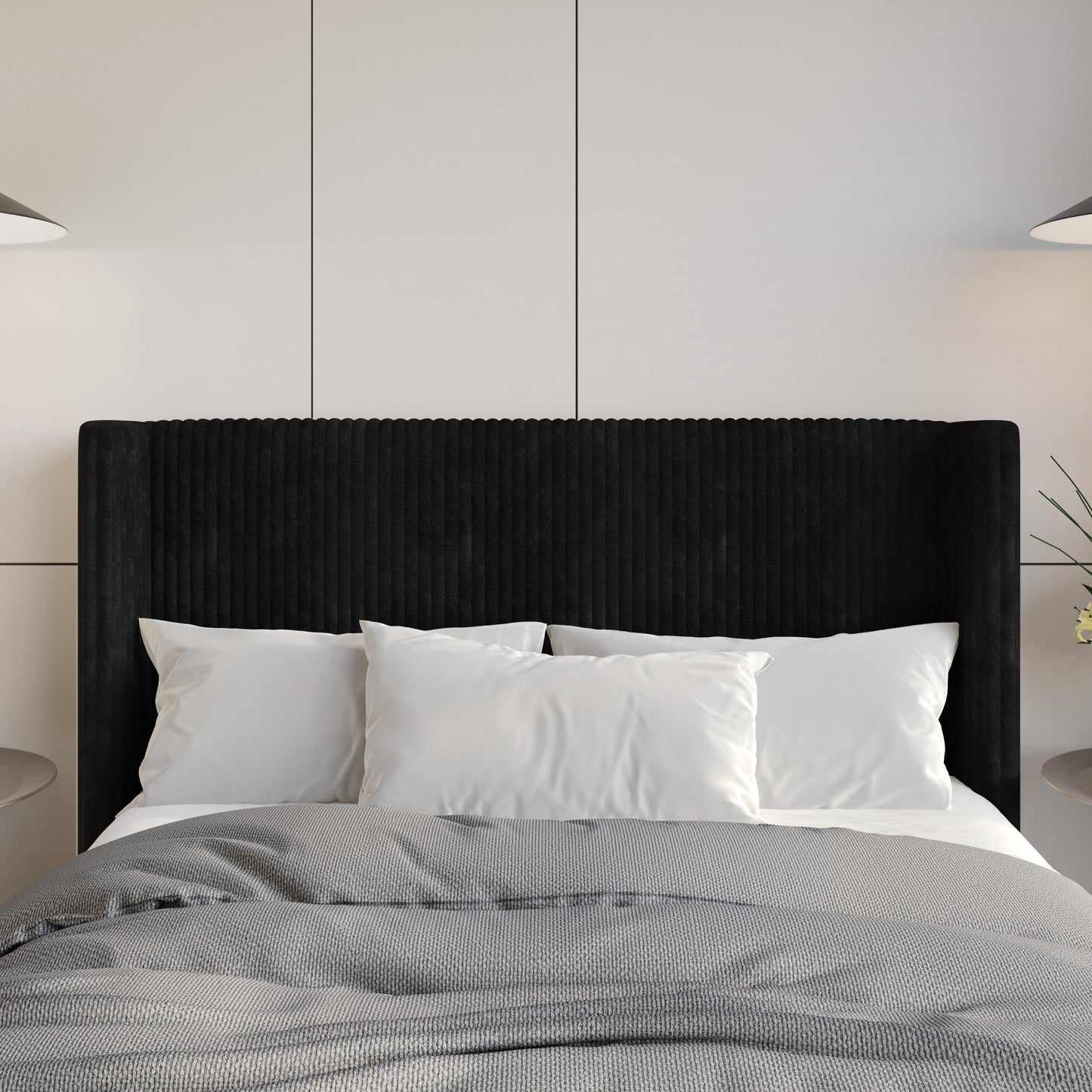 Home Design Lenox Full Upholstered Wingback Headboard, Soft Corduroy, Black, Easy to Assemble
