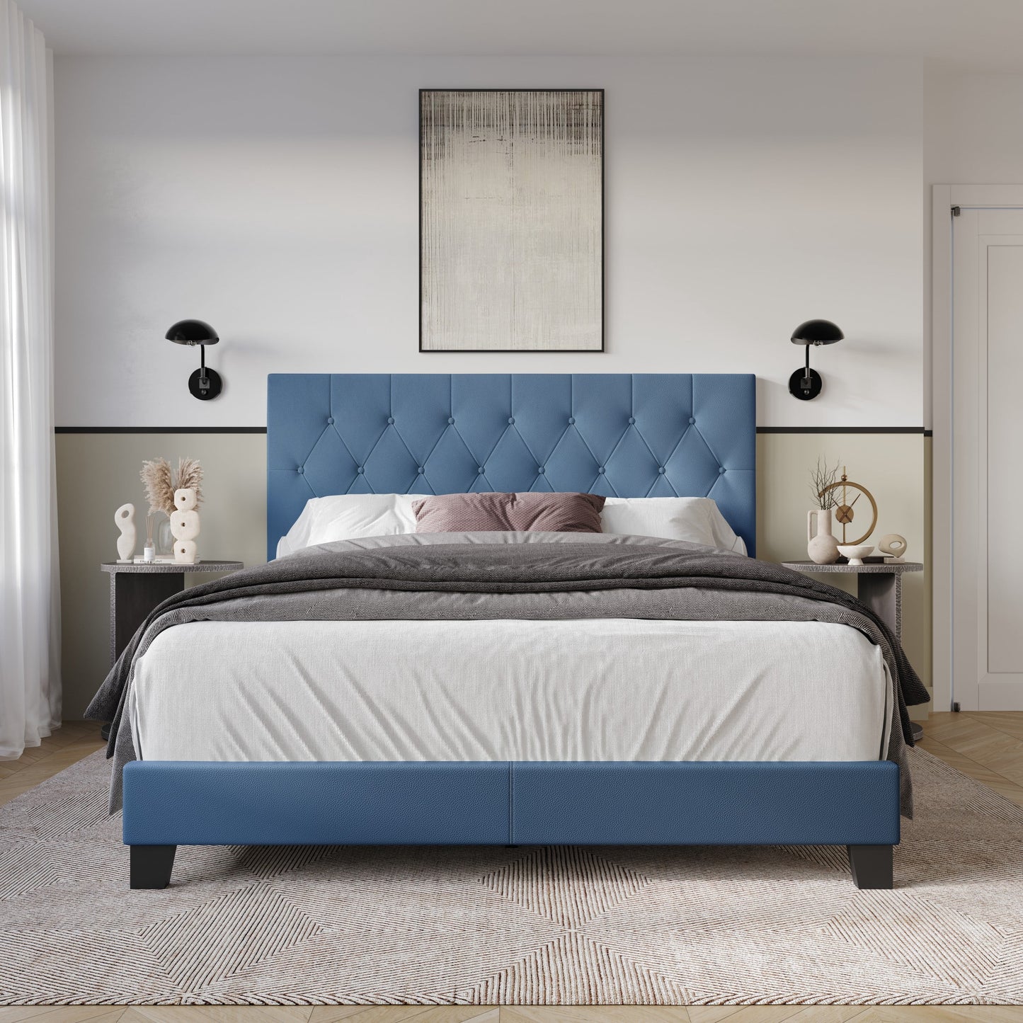 Home Design Omaha Full Tufted Upholstered Panel Bed Frame, Blue, Easy Assembly