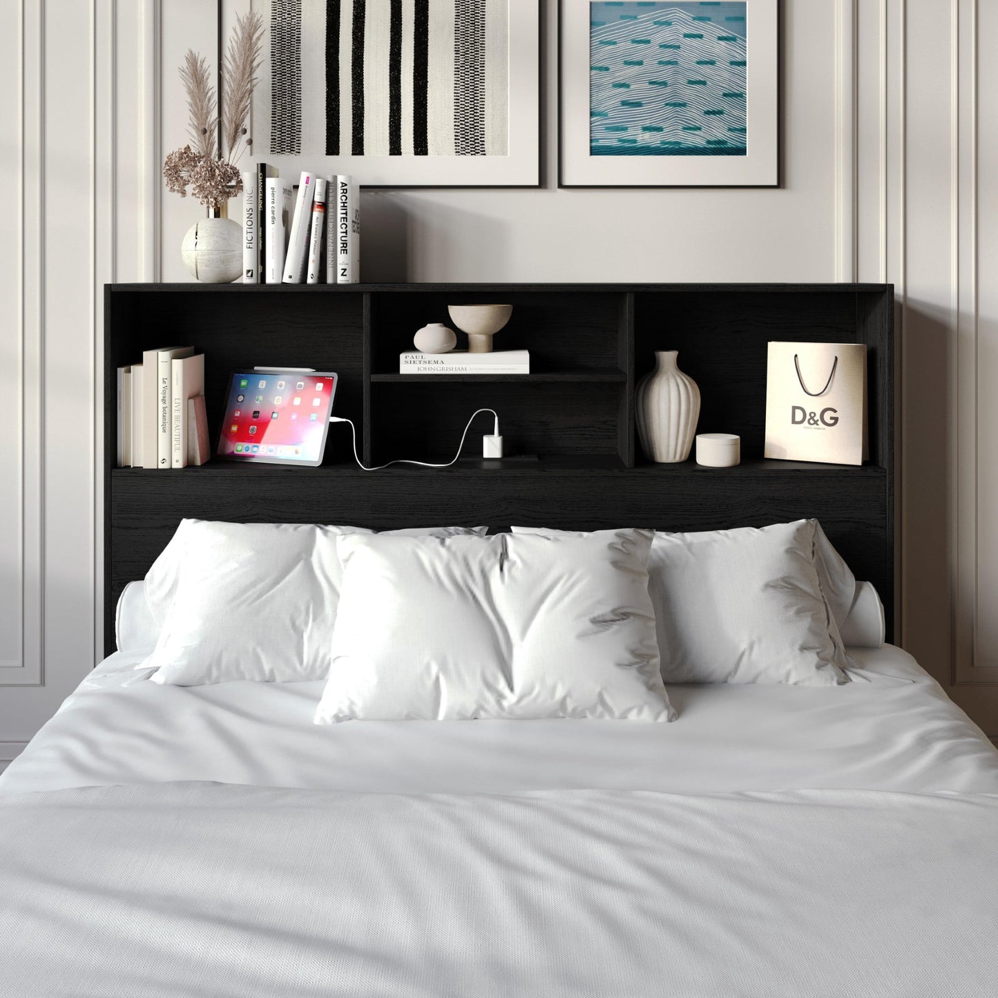 Home Design Pomona Full Freestanding Bookcase Headboard with Storage Shelves & Built-In Power Outlet, Black