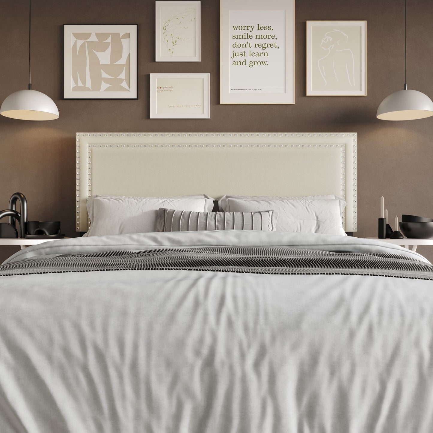 Home Design Sarasota Full Upholstered Headboard with Double Nailhead Trim and Foam Padding, Cream, Easy Assembly