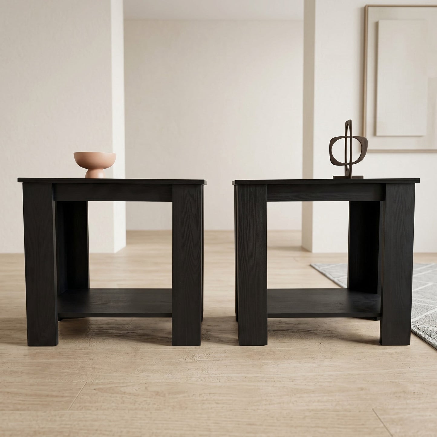 Home Design Telluride 2-Tier Storage End Table with Open Shelf and Spacious Top (Set of 2), Black
