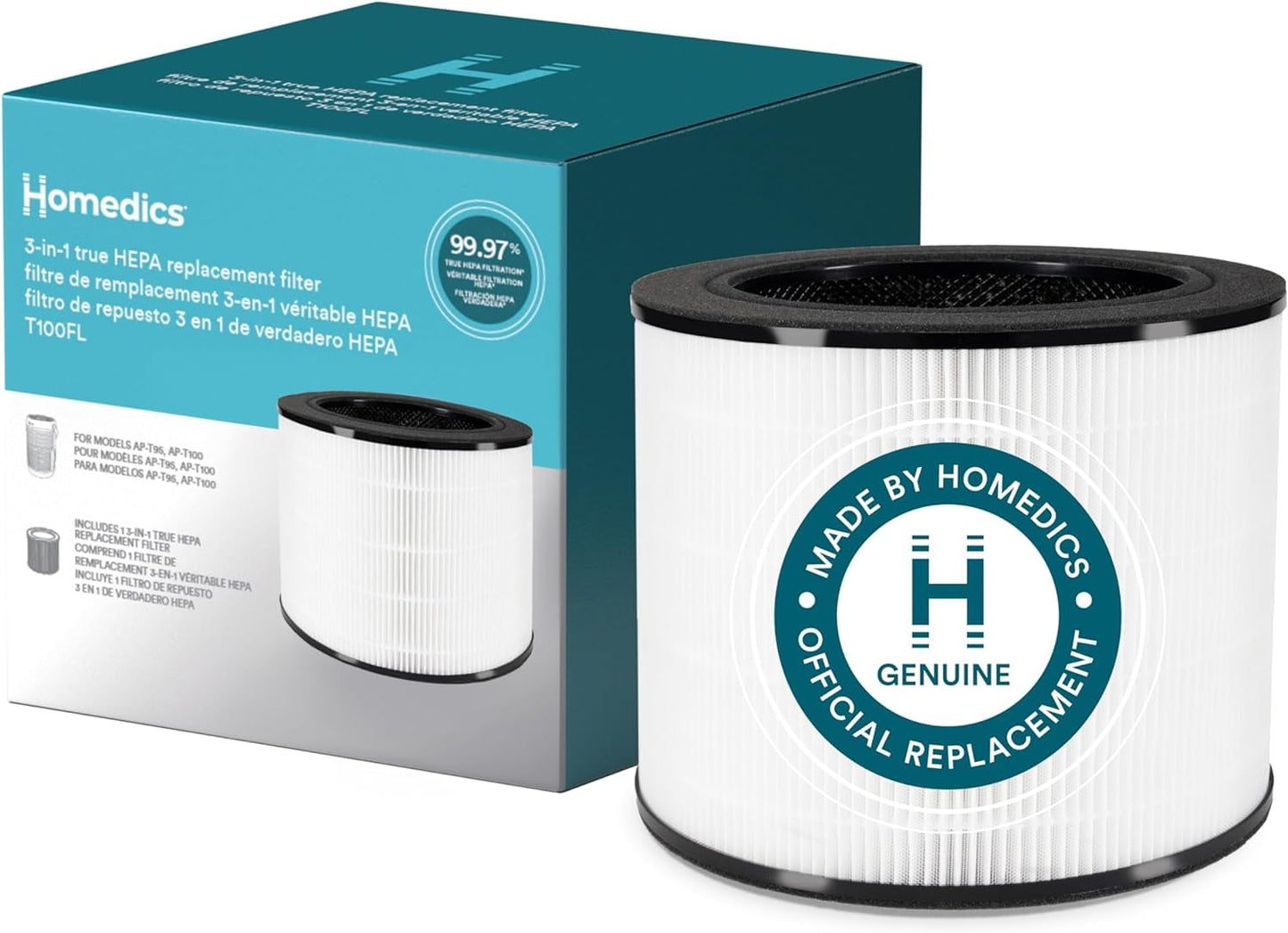 Homedics 3-in-1 True HEPA Replacement, Air Purifier Filter, Activated Carbon , Air Cleaner, for AP-T95,AP-T100-GY